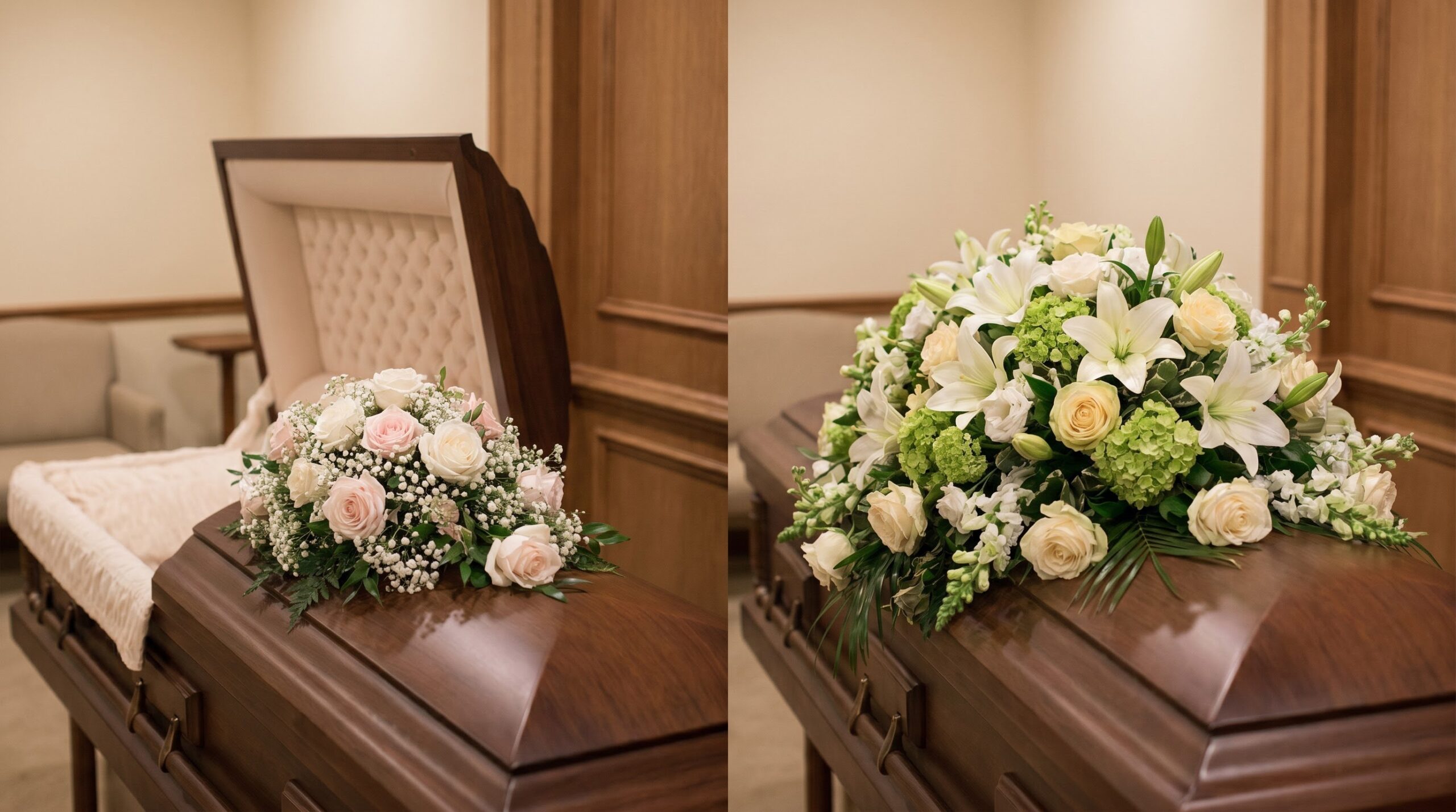 Smaller half-couch spray beside a longer full-couch casket spray