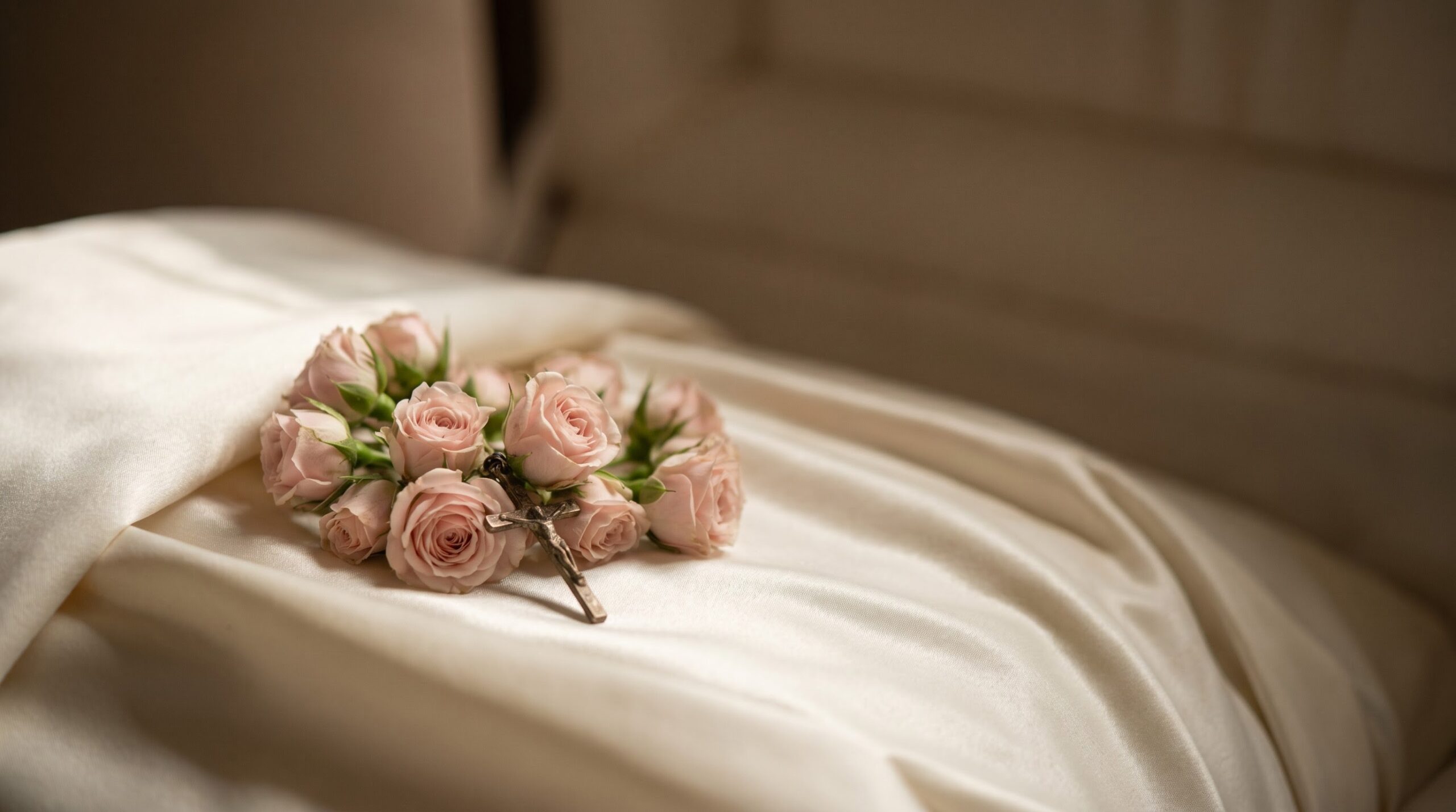 Small floral rosary of pink roses placed inside a casket's lining