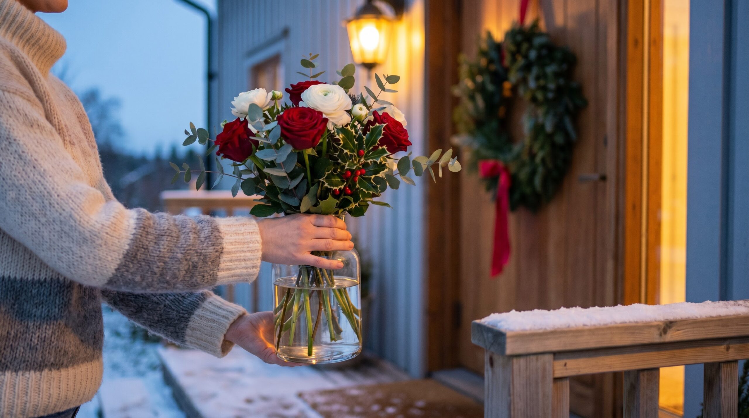 trimmed Christmas bouquet already arranged in a vase being handed at a doorway