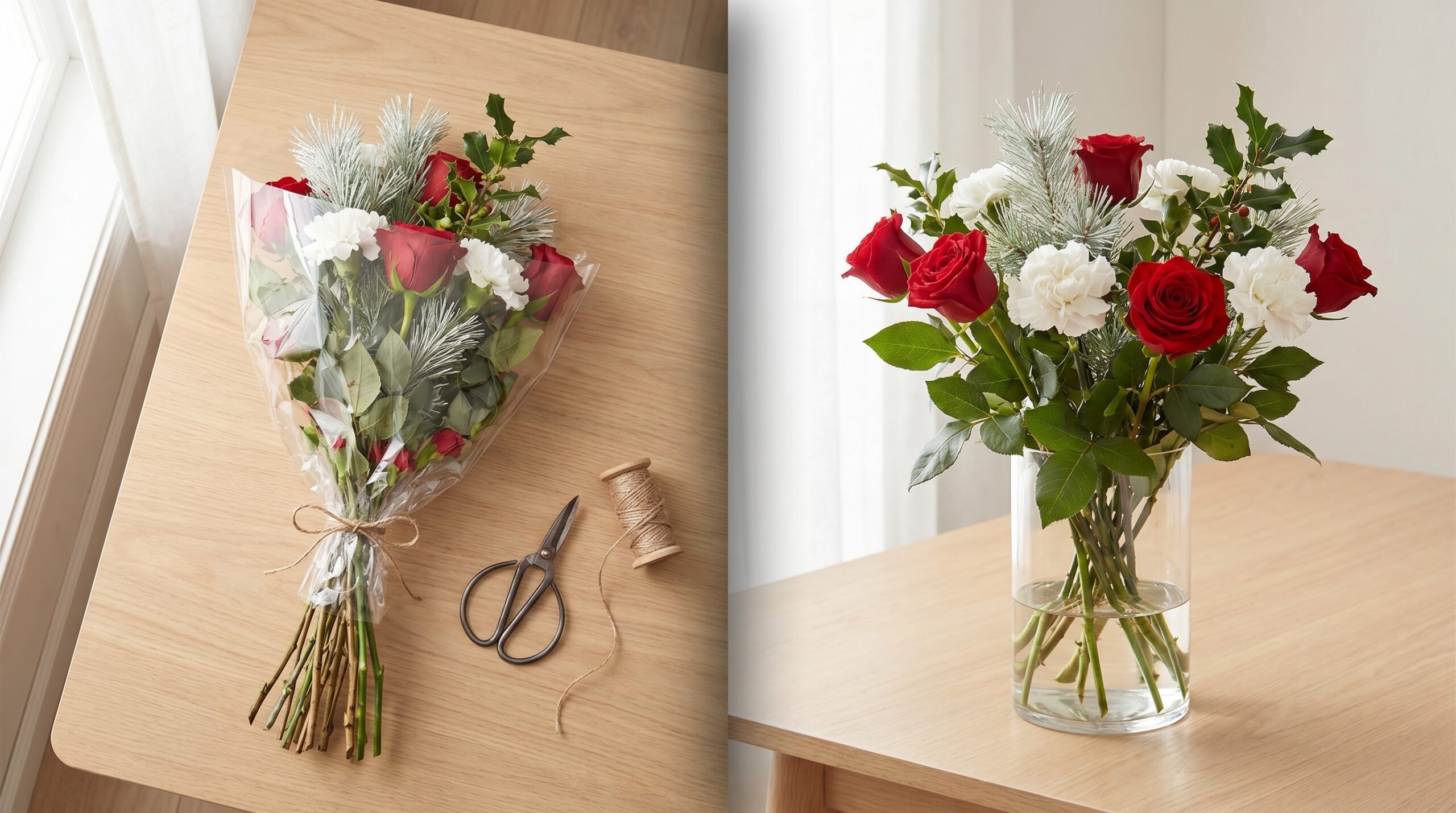 same red and white Christmas flowers shown loose and arranged in a vase