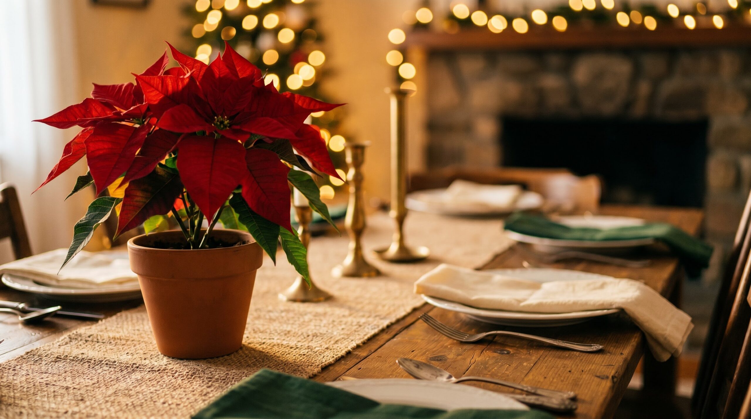 potted red poinsettia set near a Christmas dinner table place setting