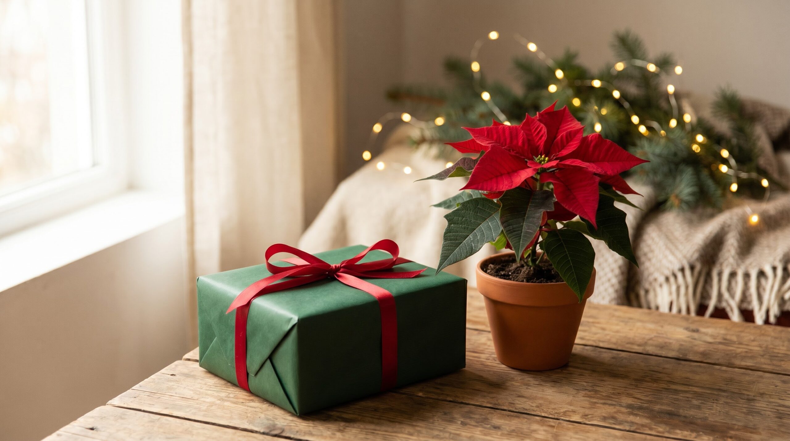 wrapped Christmas gift on a table beside a small potted poinsettia plant