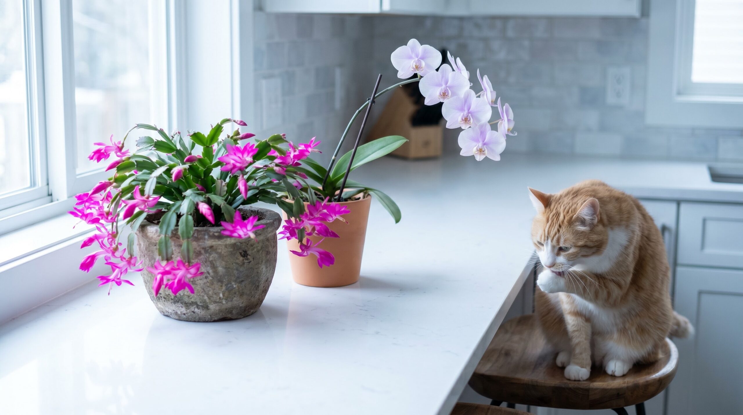 Christmas cactus and orchid blooming near a relaxed cat