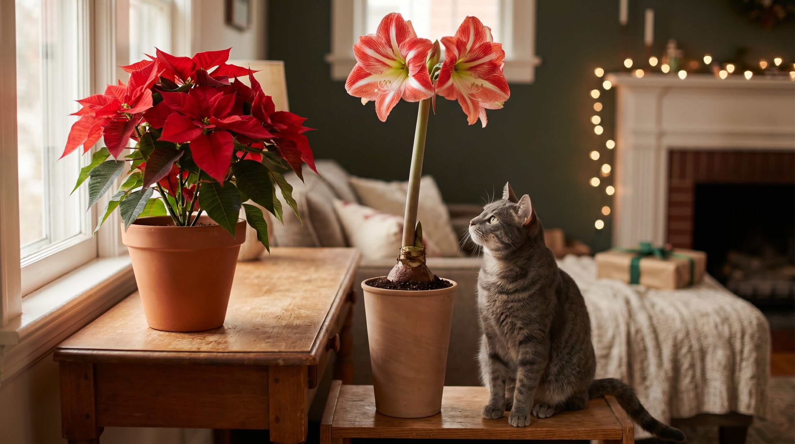 poinsettia and blooming amaryllis on a table with a cat nearby