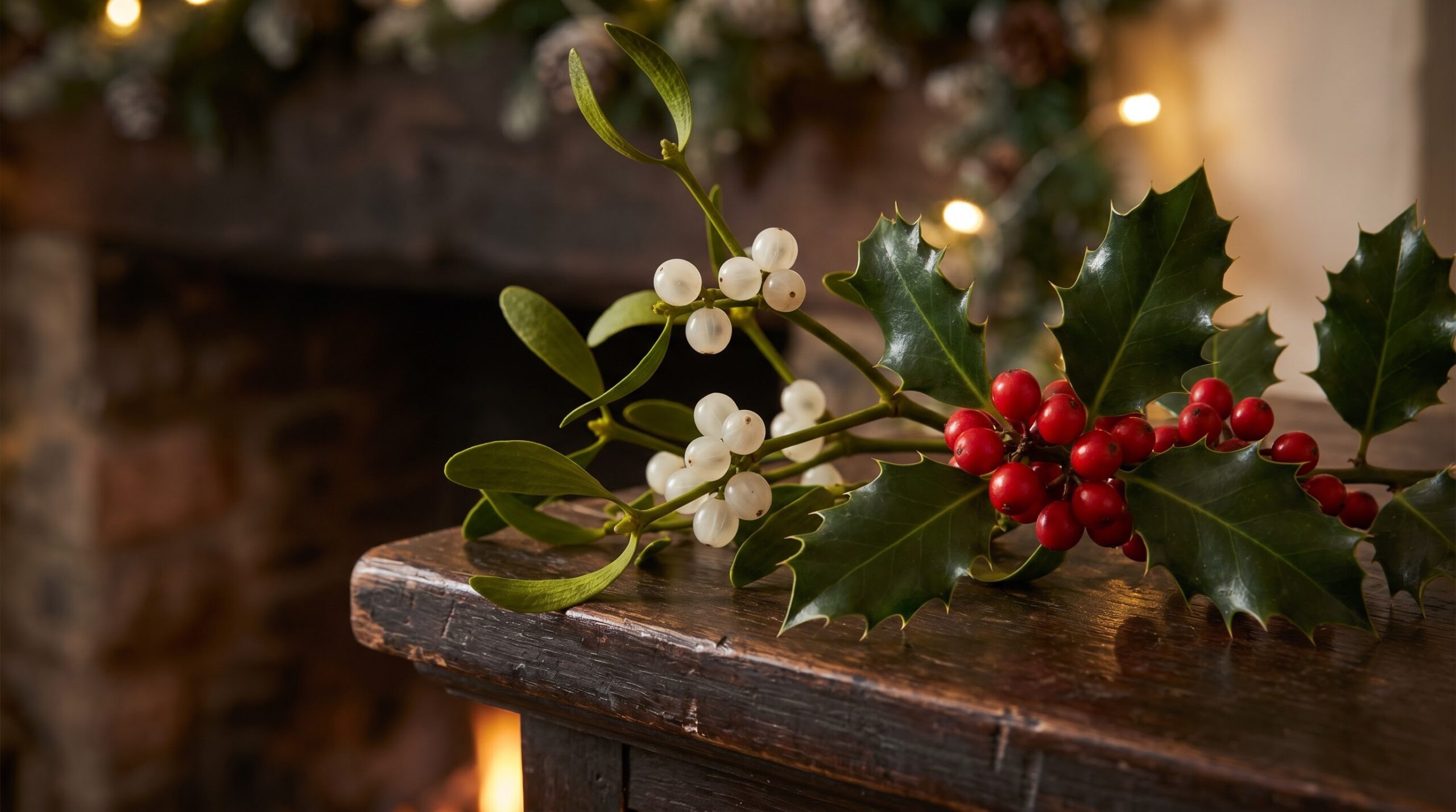 mistletoe and holly sprigs with berries shown side by side
