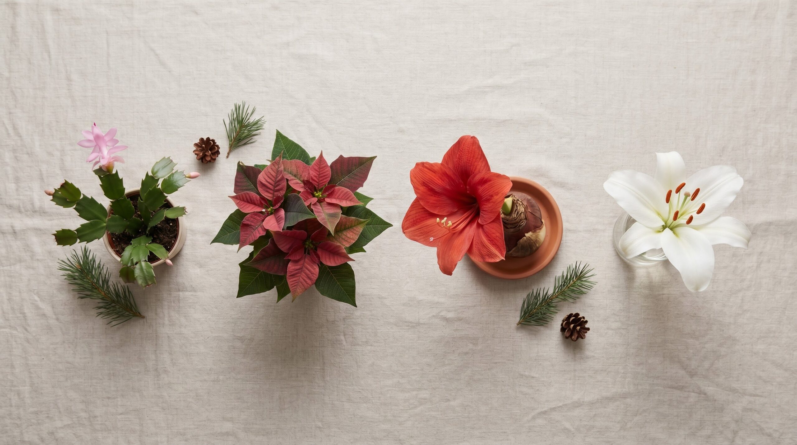 four holiday plants arranged in an overhead risk comparison flat-lay