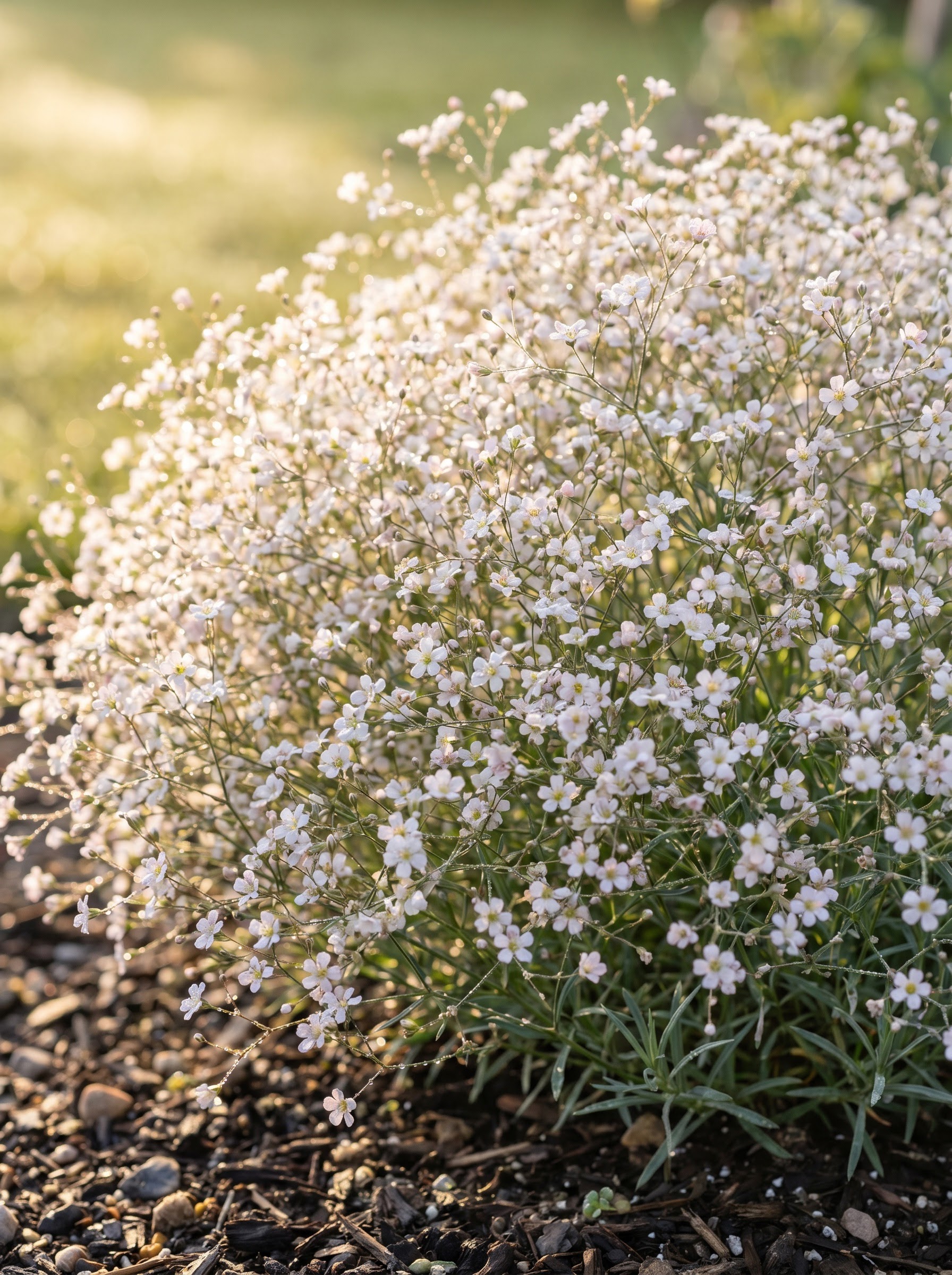 Baby's breath plant with a cloud of tiny white flowers on delicate wiry branching stems, dew-covered