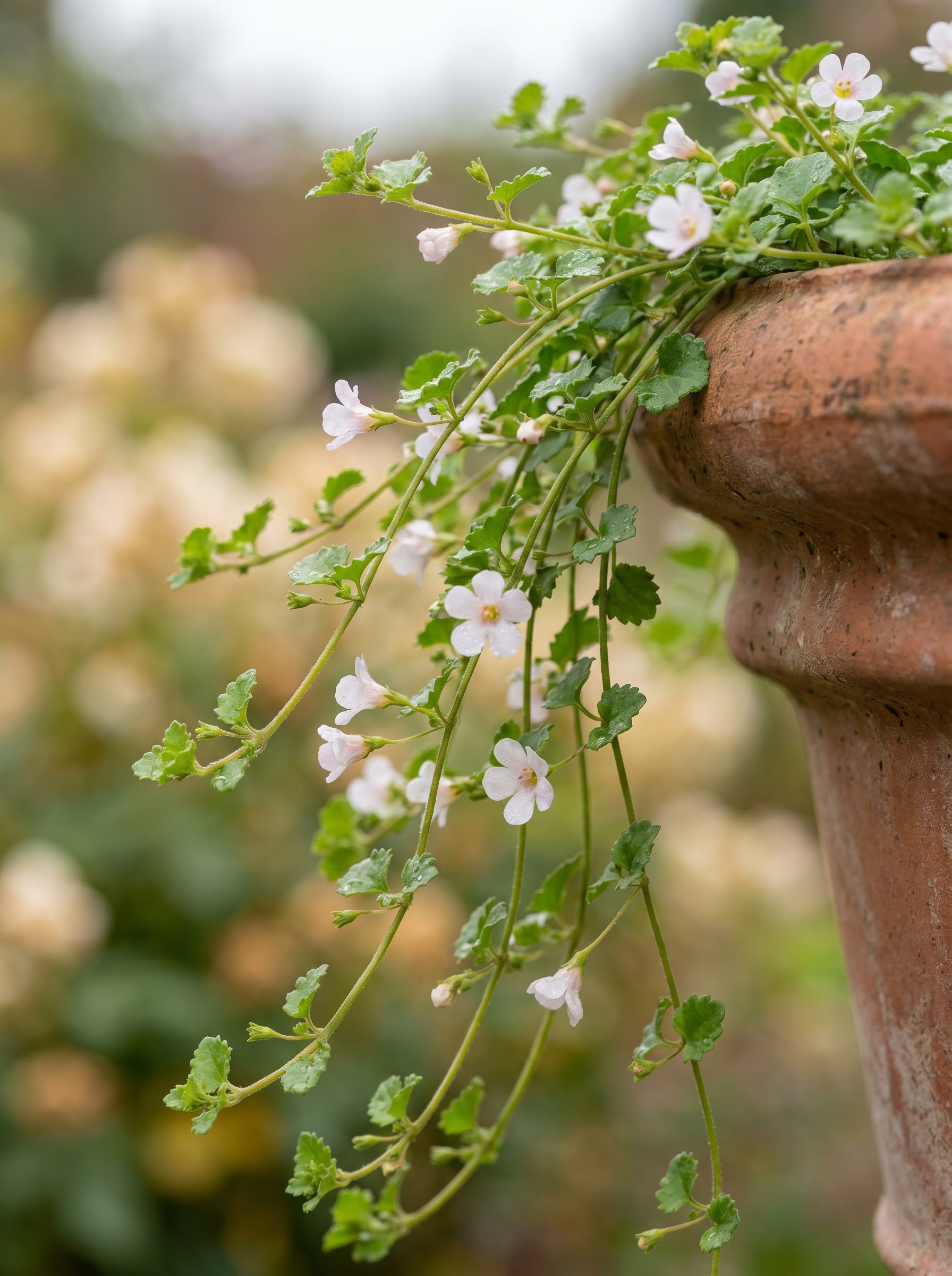 Trailing bacopa stems with small white star-shaped flowers and rounded green leaves