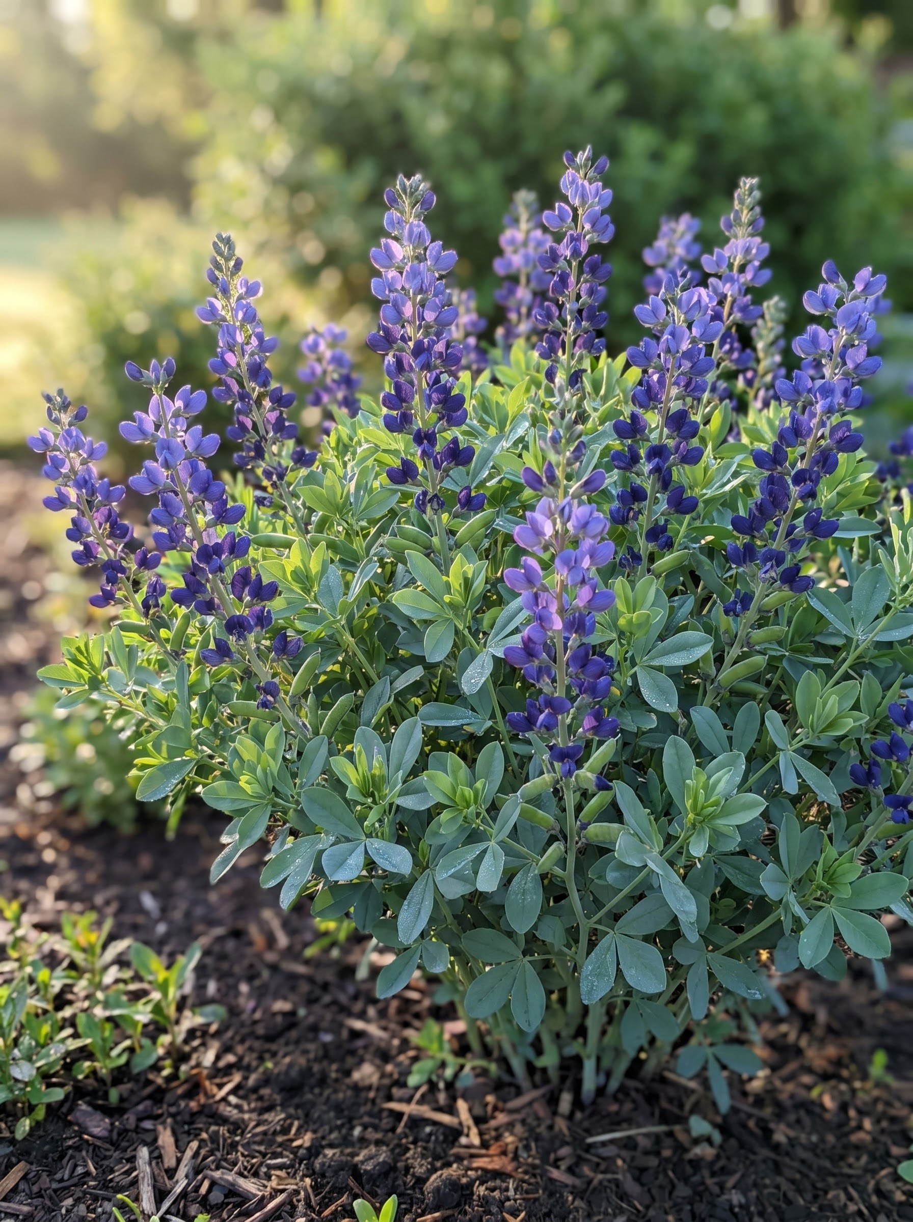 Indigo-blue false indigo flower spikes with blue-green trifoliate foliage in a sunlit garden border.