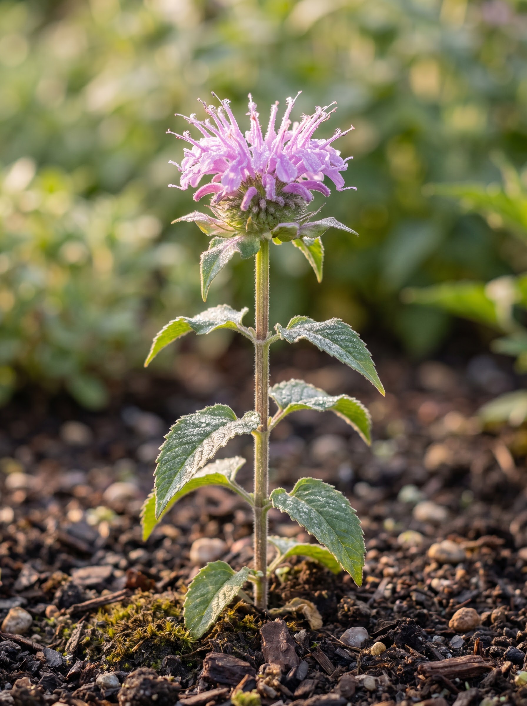 Shaggy lavender-pink bee balm flower head on a stem with toothed aromatic leaves