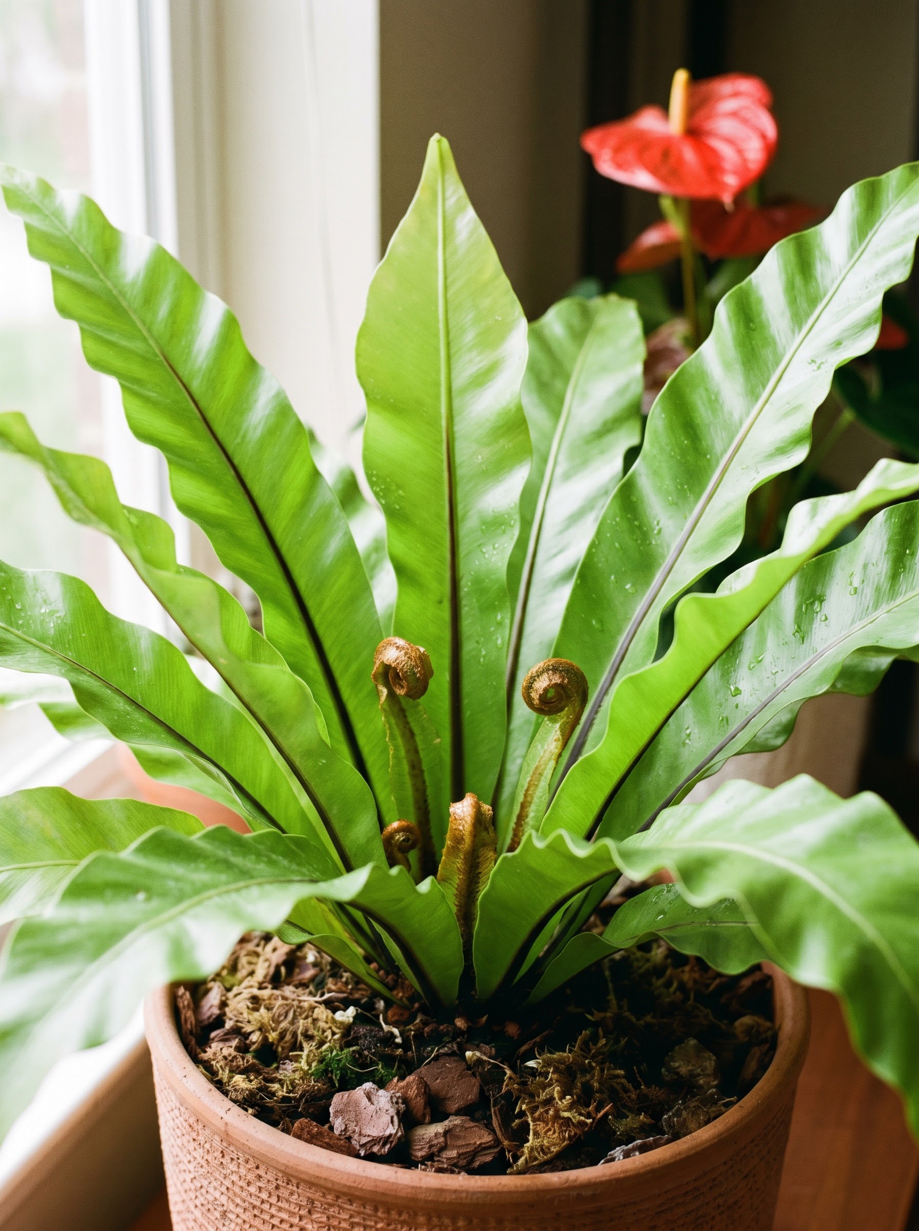 Wavy glossy green bird's nest fern fronds forming a rosette with a dark central midrib