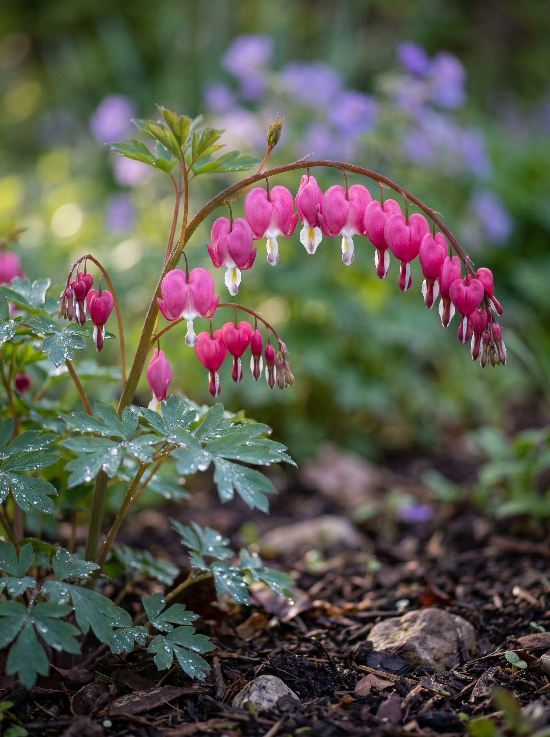 Arching stem of pink heart shaped Lamprocapnos spectabilis flowers over ferny blue green foliage