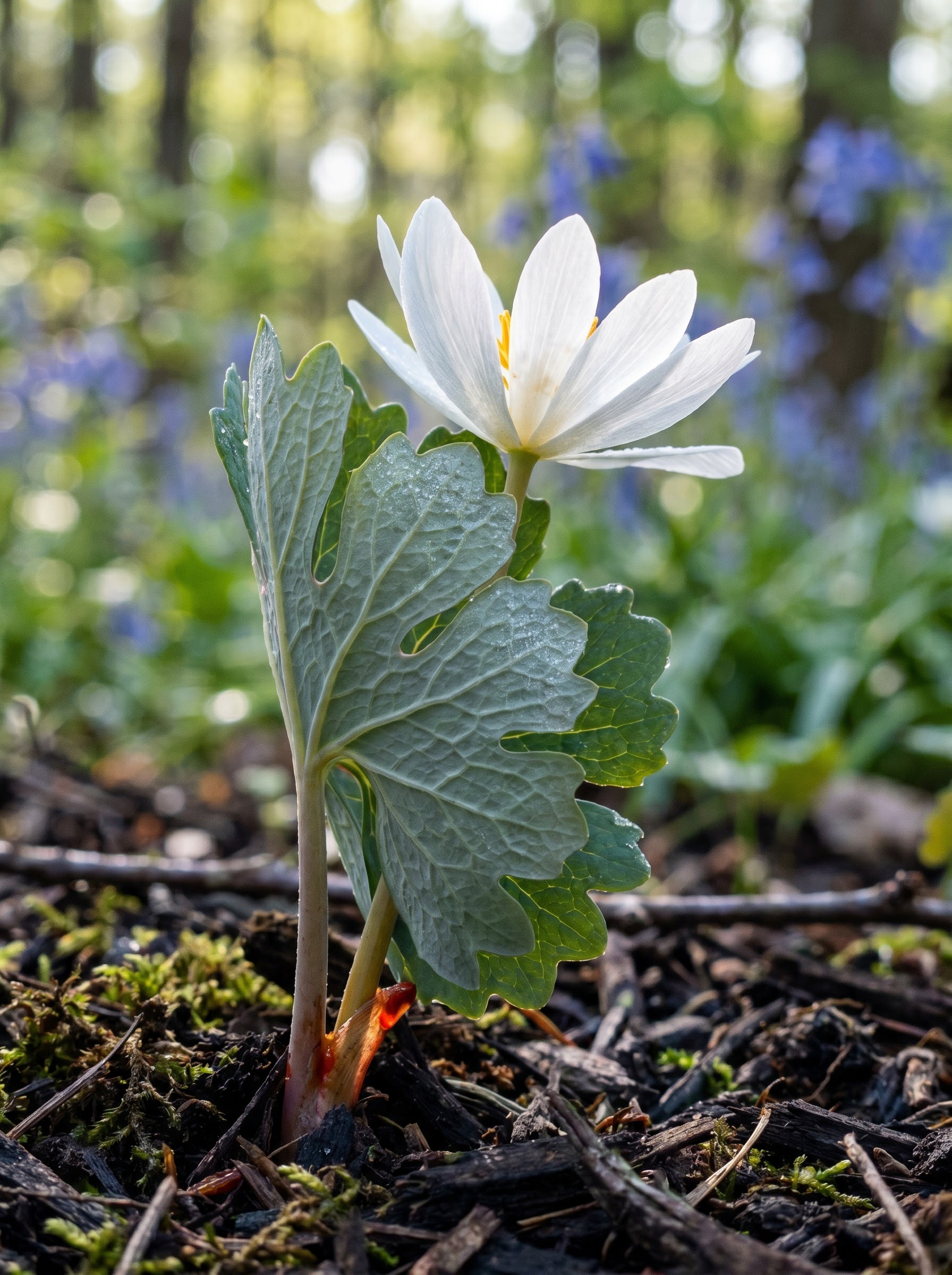 White multi-petaled bloodroot flower with golden center above a curled blue-green lobed leaf.