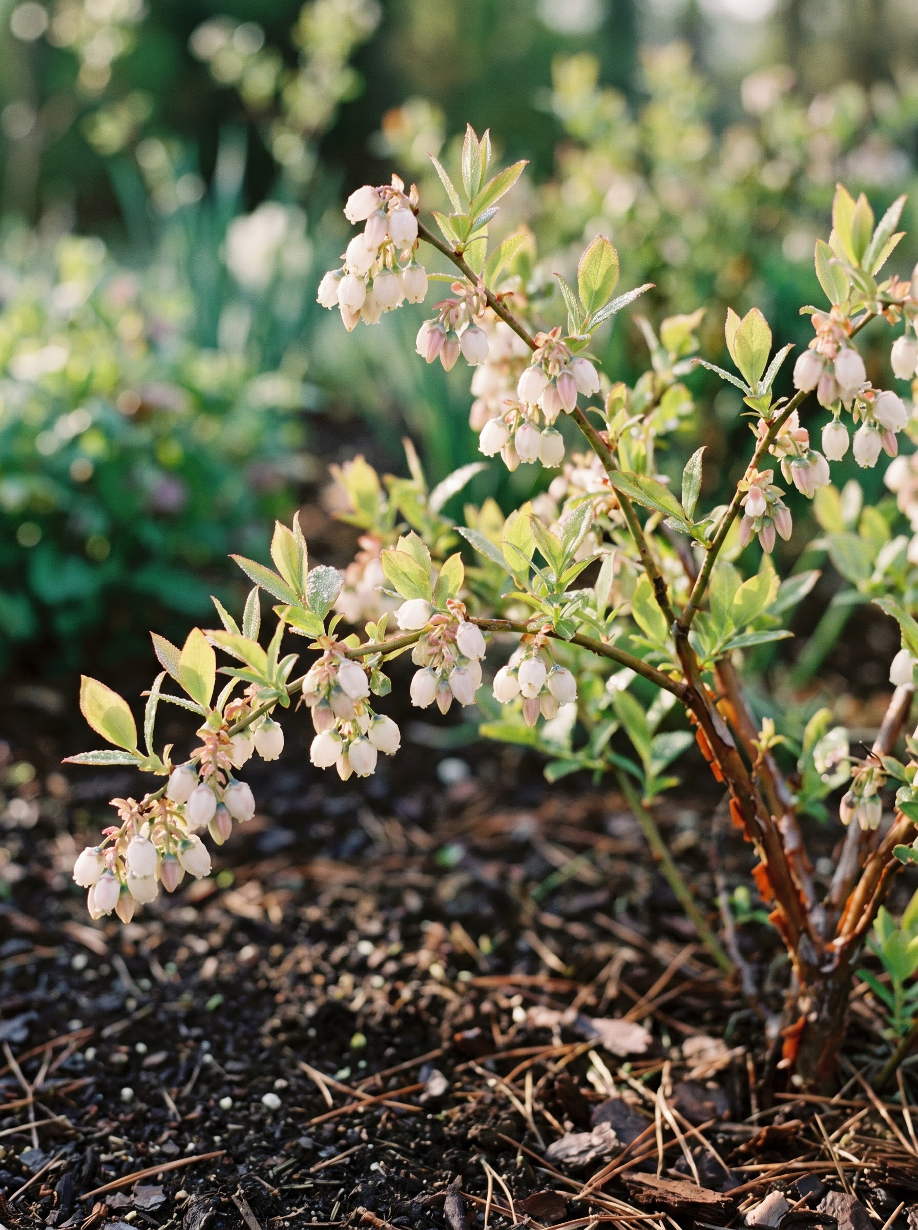 Blueberry shrub branch with small white bell-shaped spring flowers and fresh green leaves