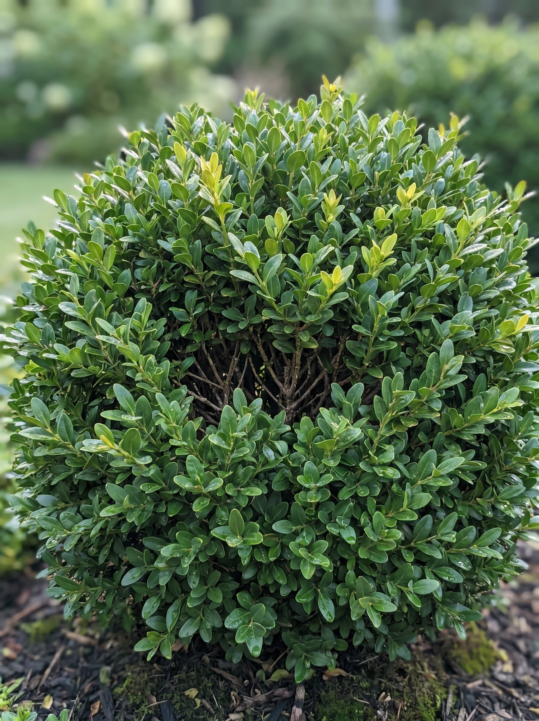 Dense clipped boxwood shrub with small glossy evergreen leaves in a garden border.