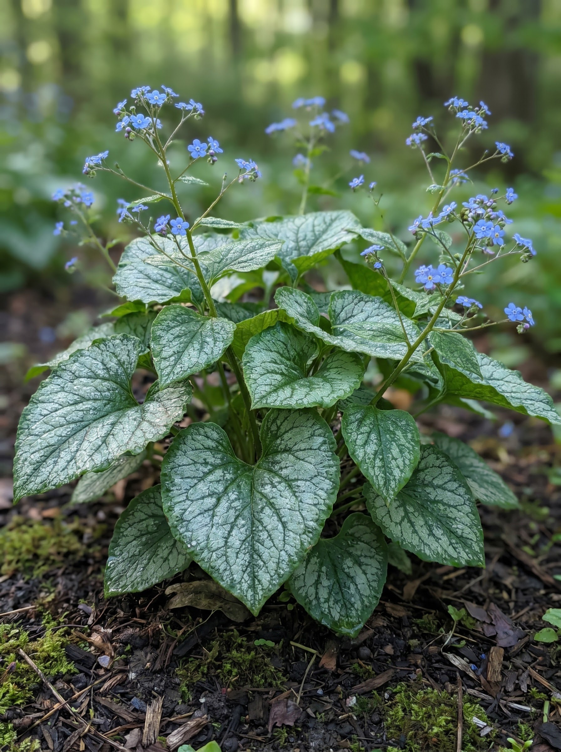 Silver-marked heart-shaped Brunnera leaves with sprays of tiny true-blue flowers