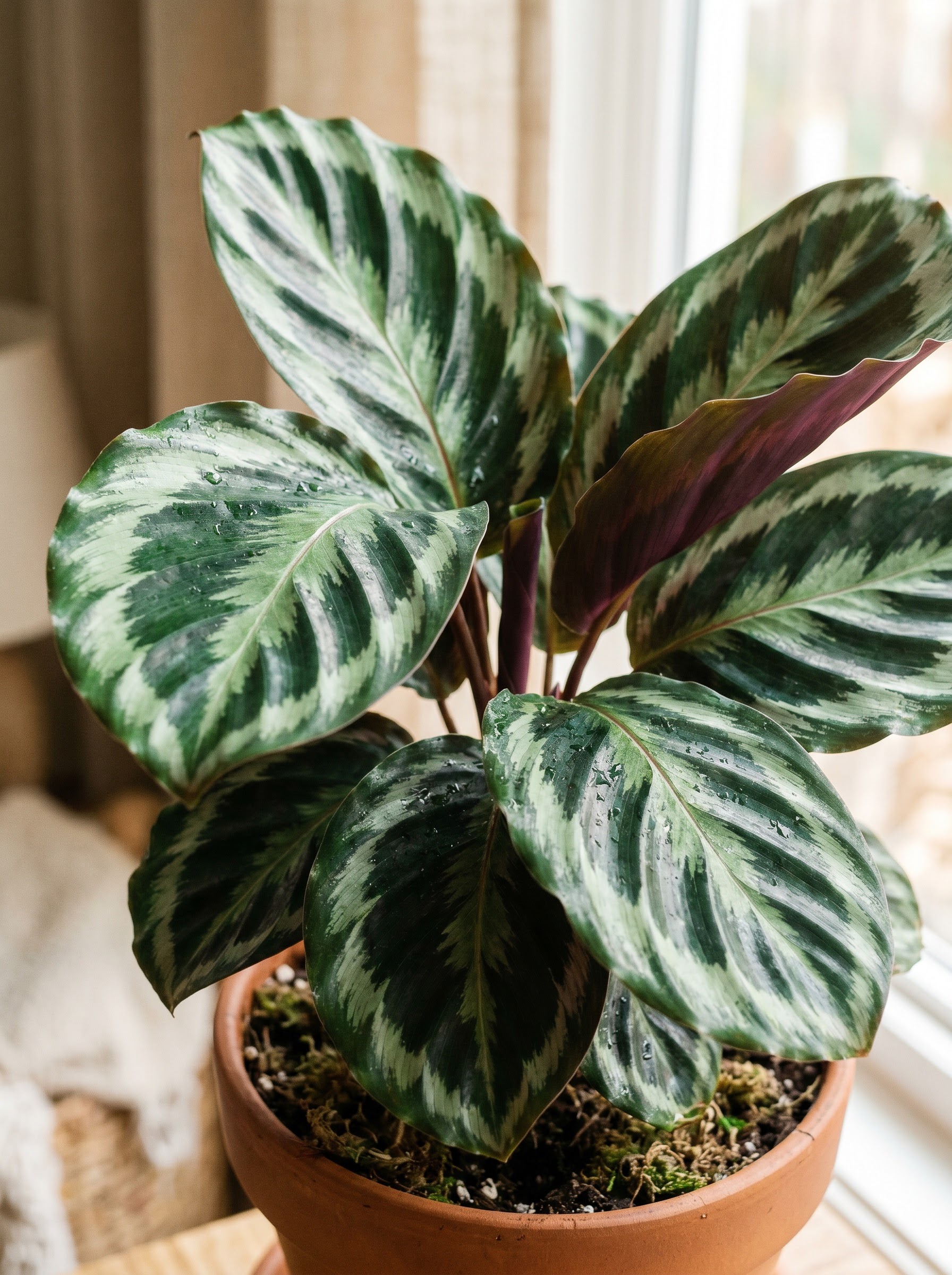 Calathea prayer plant with patterned green leaves and purple undersides, softly lit, dew-beaded surface.