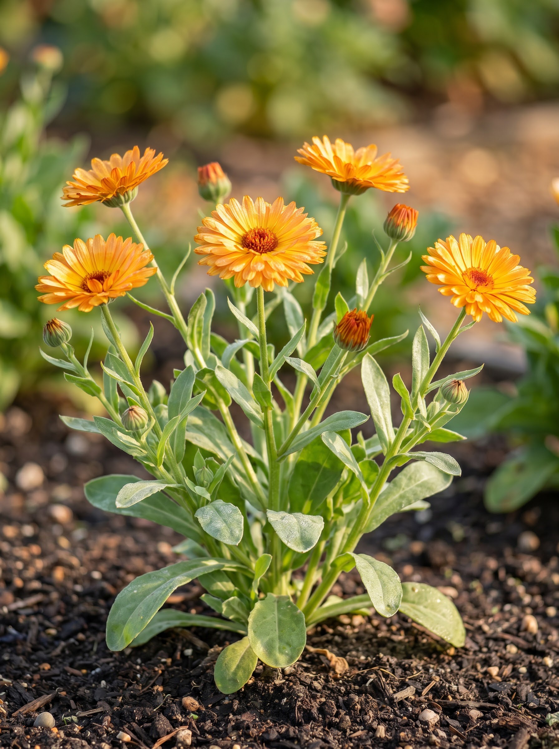 Calendula pot marigold with warm golden-orange ruffled daisy flowers and soft sage-green leaves.