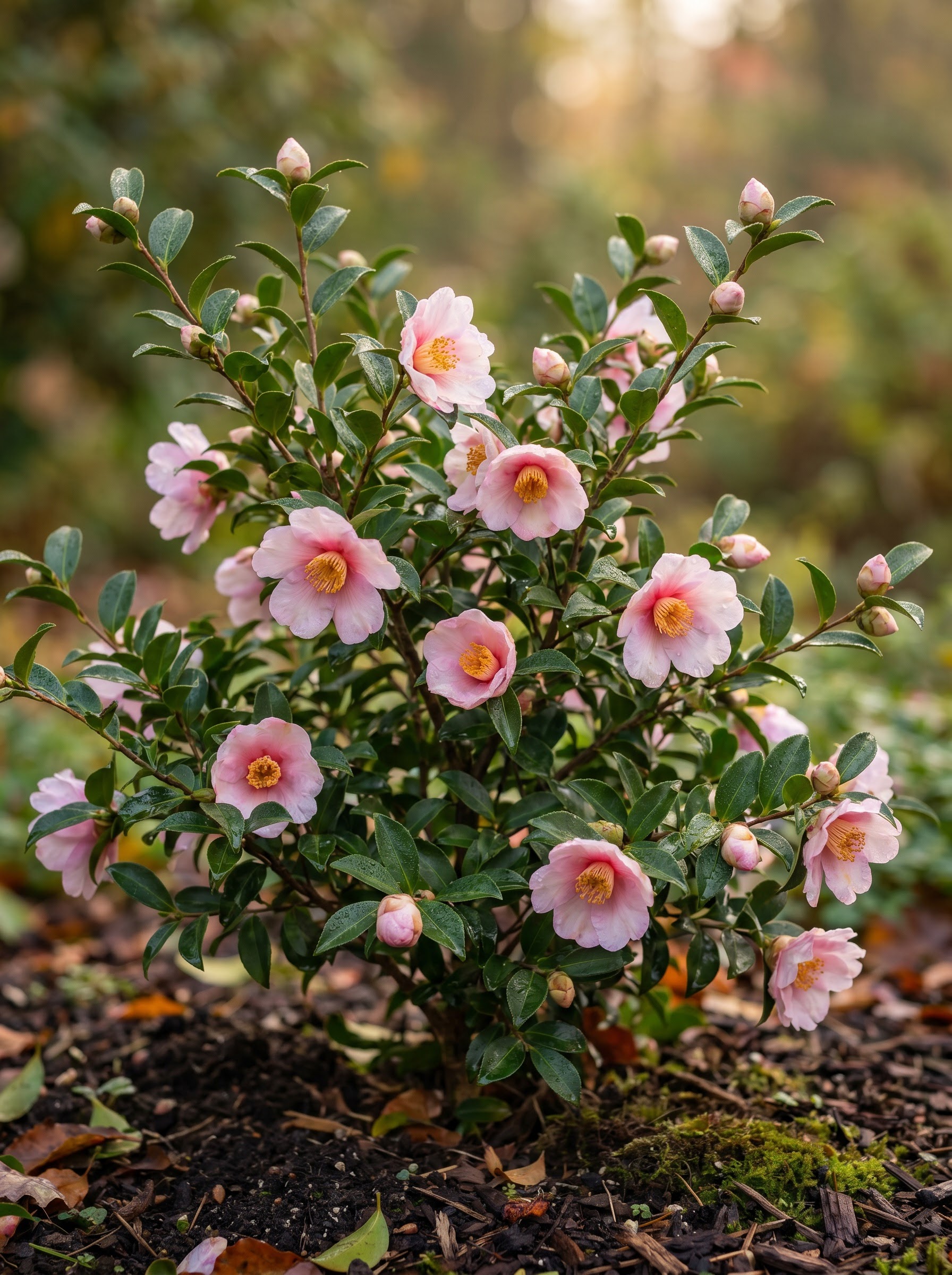 Camellia sasanqua shrub with blush pink flowers and glossy dark green leaves.