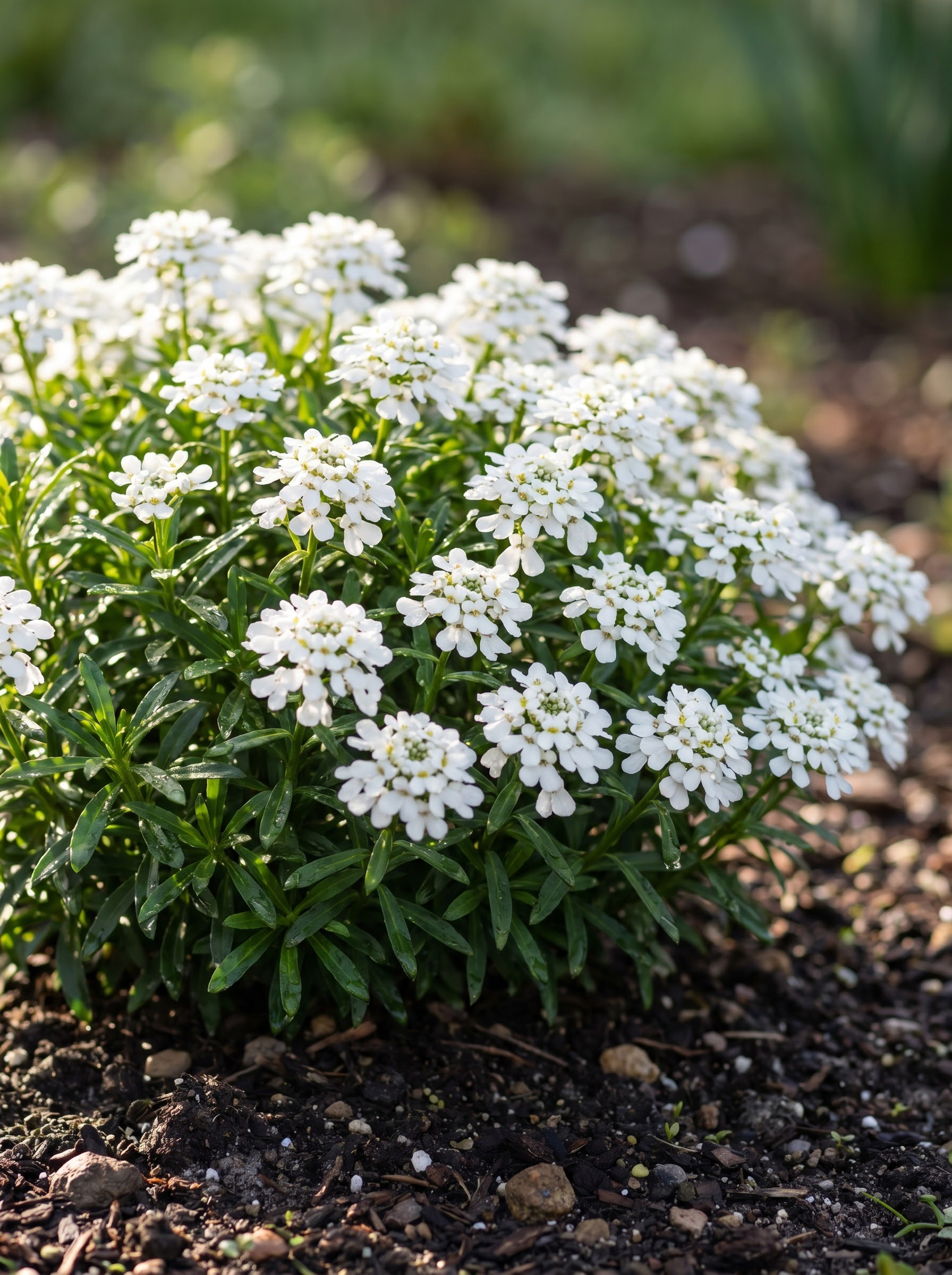 Mounding Iberis sempervirens with clustered white flowers over dark glossy evergreen leaves
