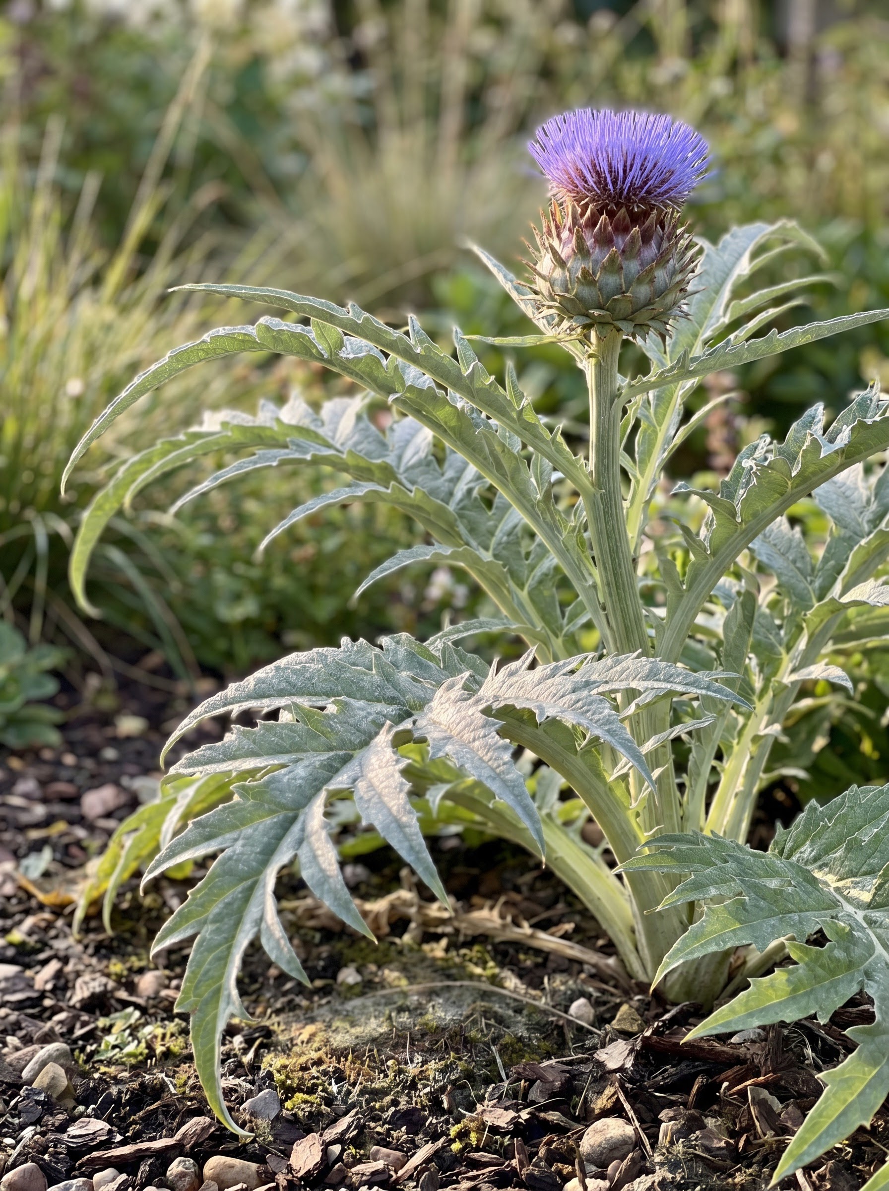 Silvery cardoon plant with spiny cut leaves and a violet-blue thistle flower in bloom