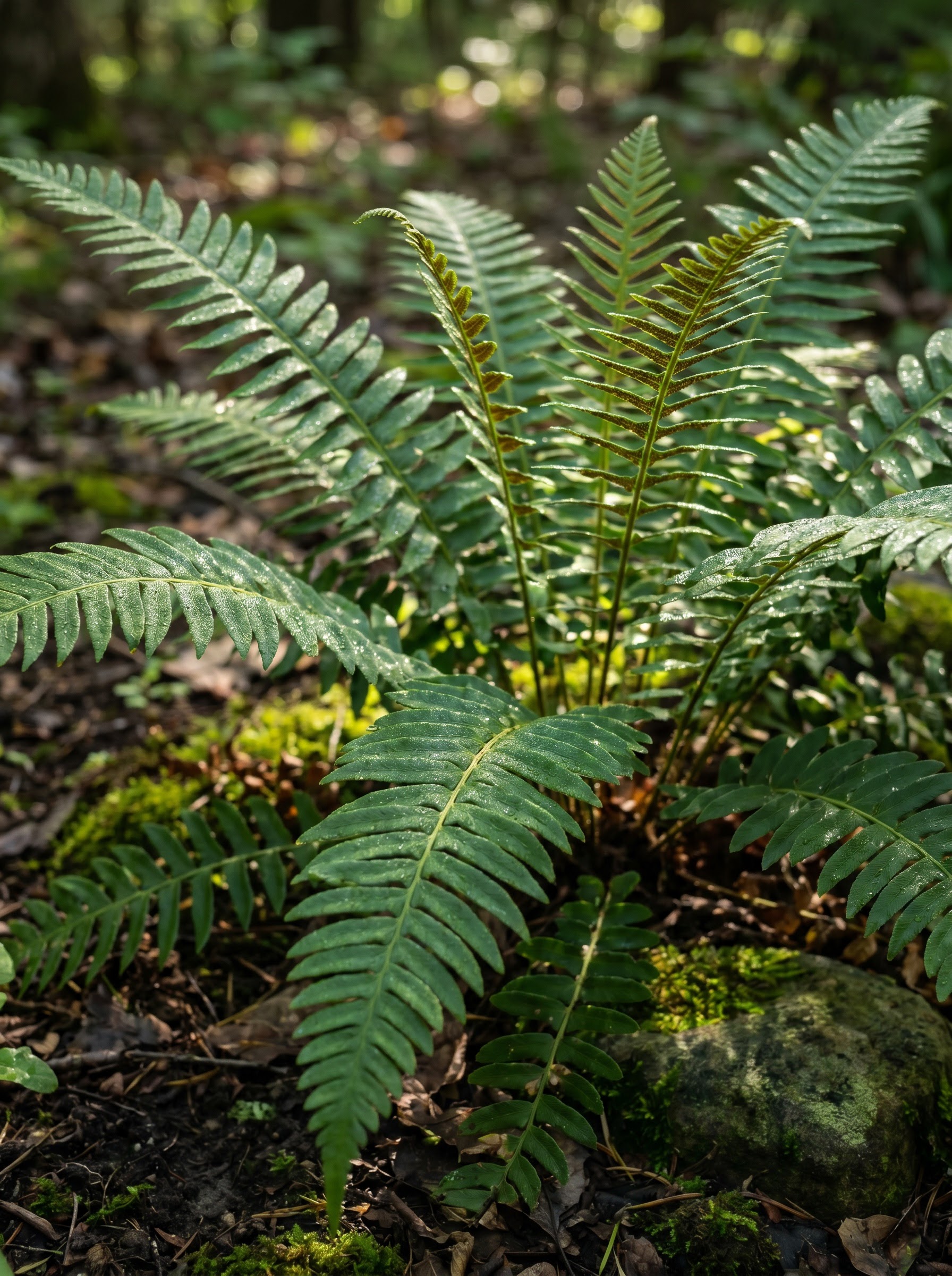 Christmas fern clump with arching leathery evergreen fronds on a woodland garden floor