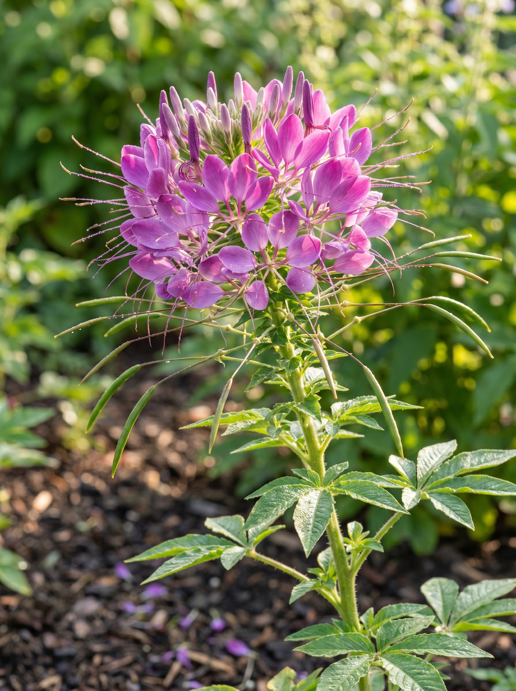 Rose-purple spidery Cleome hassleriana flowers with long stamens and dangling green seedpods.