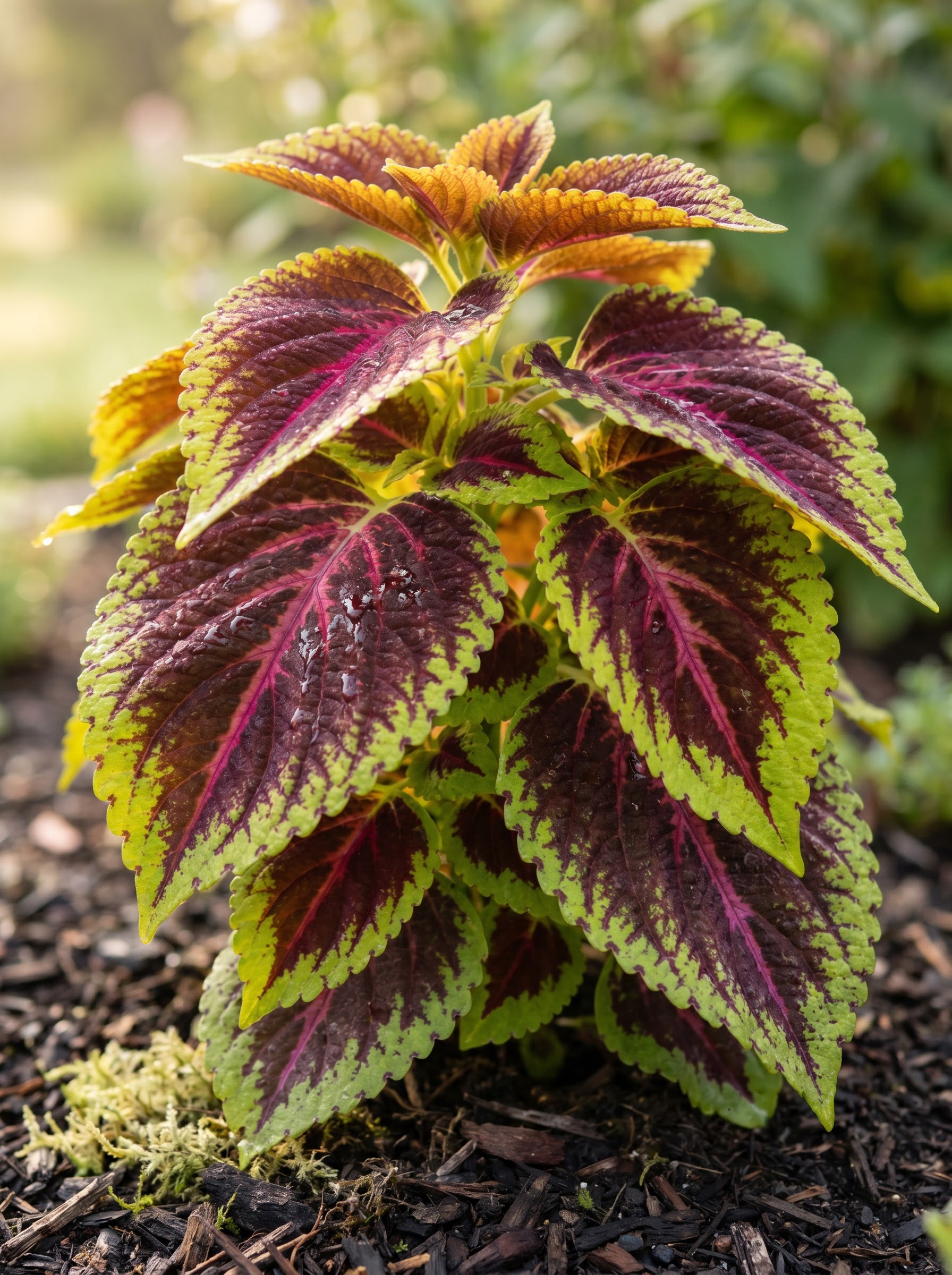 Coleus plant with vivid red, lime green and burgundy patterned leaves in a garden bed.
