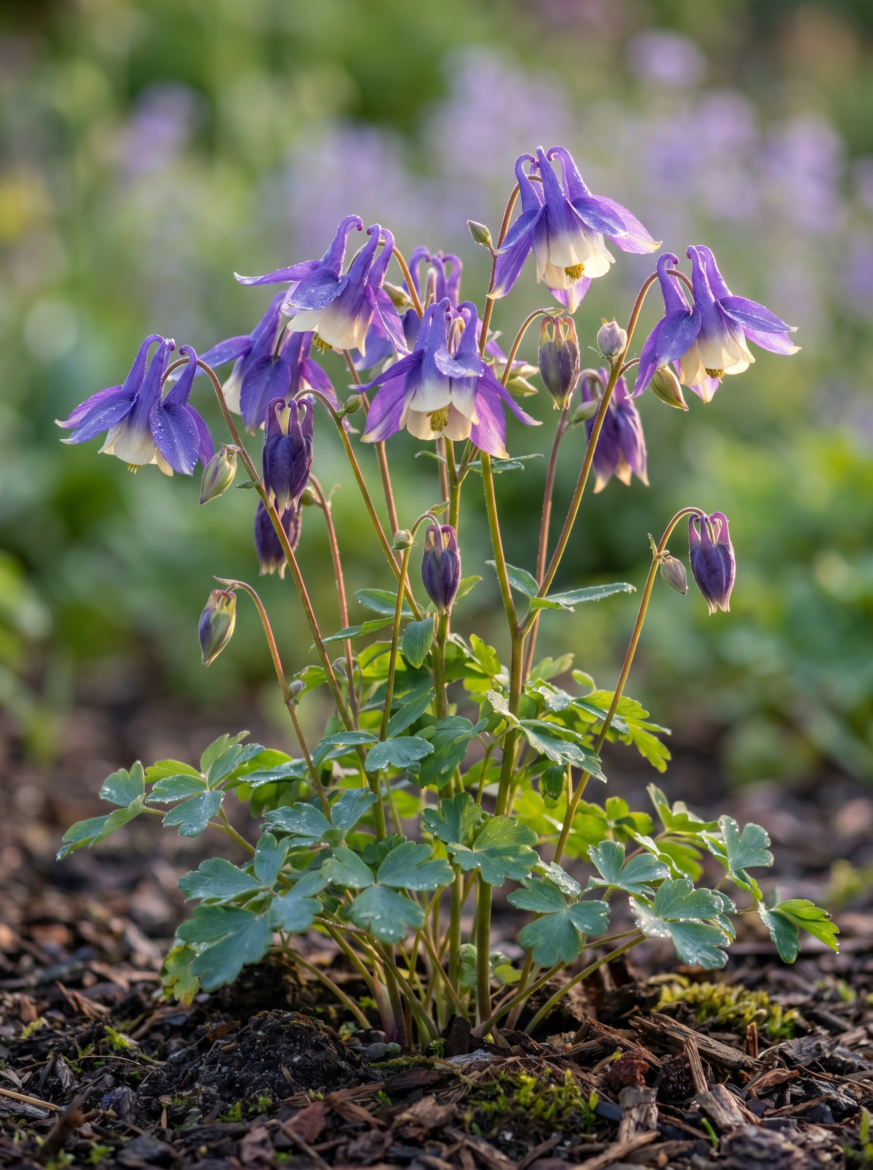 Nodding blue and white columbine flowers with spurred petals and ferny blue-green foliage.
