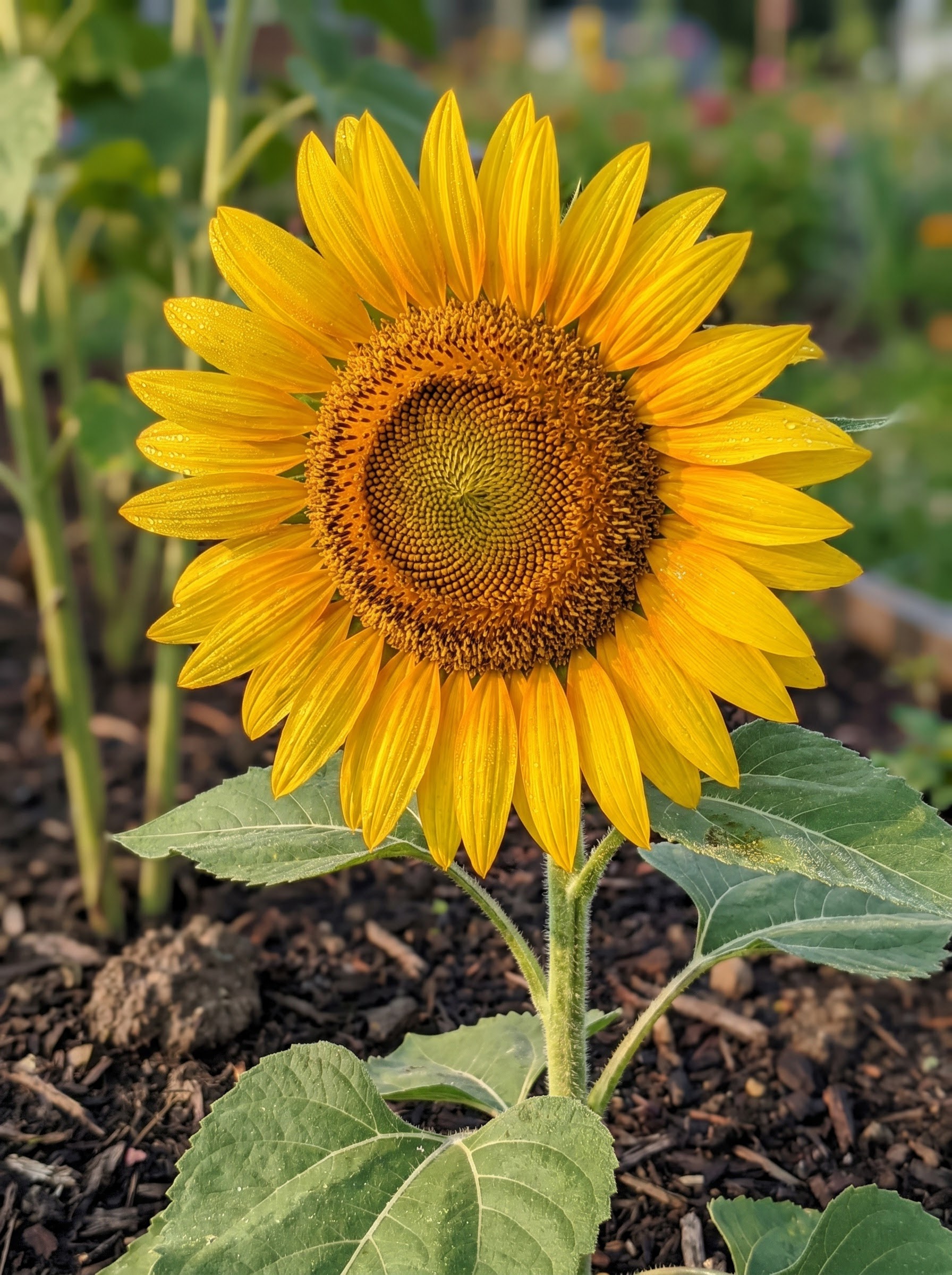 Common sunflower with a large golden ray-petaled bloom and spiraled bronze center on a thick green stem