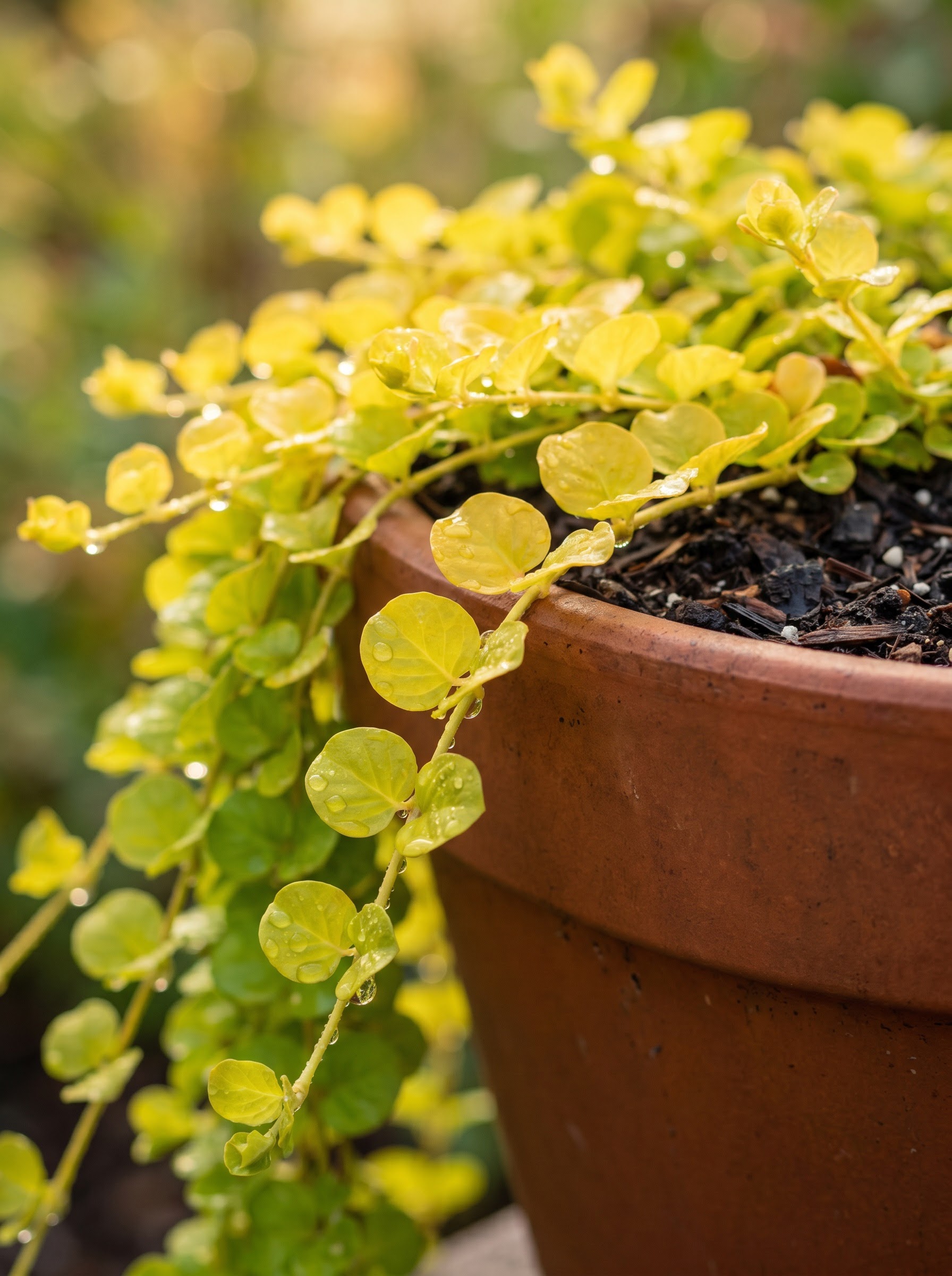 Creeping Jenny with golden round trailing leaves cascading over a container's edge.