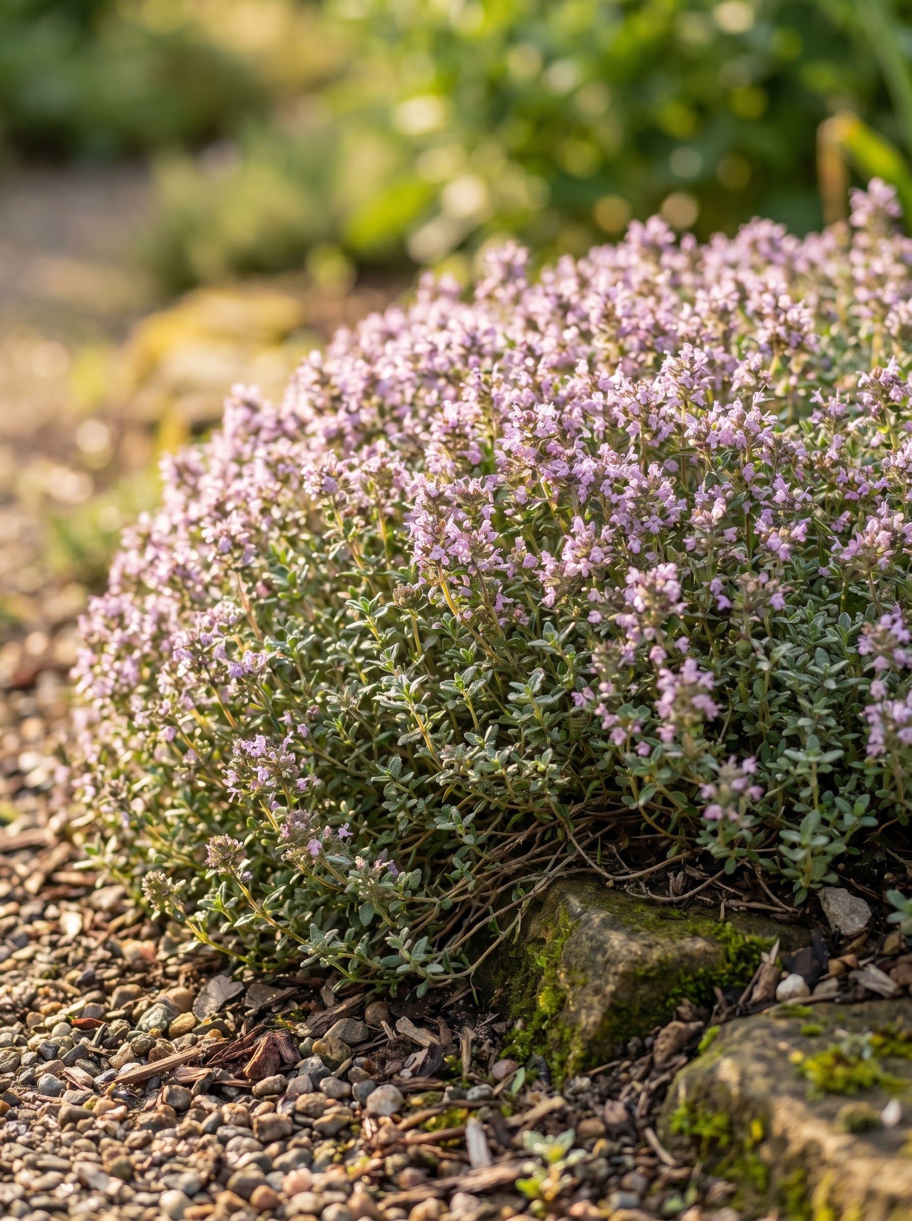 Creeping thyme groundcover with tiny pink-purple flower spikes and fine aromatic leaves, dew-covered.