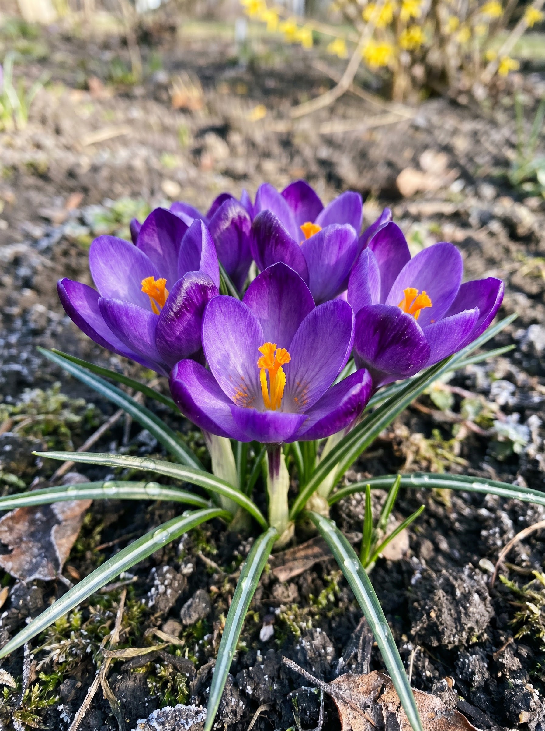 Single purple crocus flower blooming through soil with orange stamens and dew