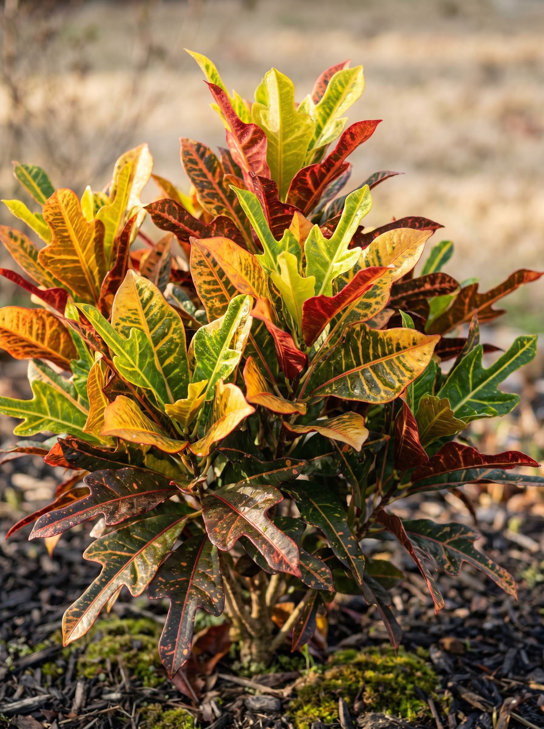 Colorful gold, red, and green mottled croton leaves with glossy texture in a garden bed