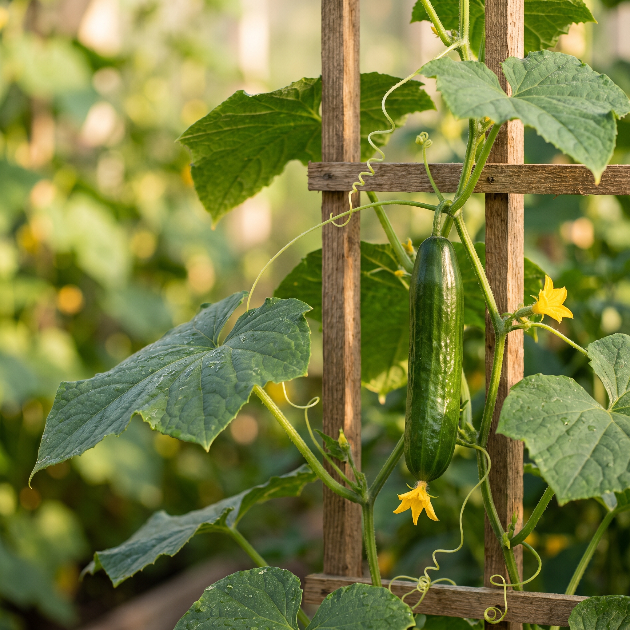 Cucumber plant on a trellis with a green fruit and yellow blossom