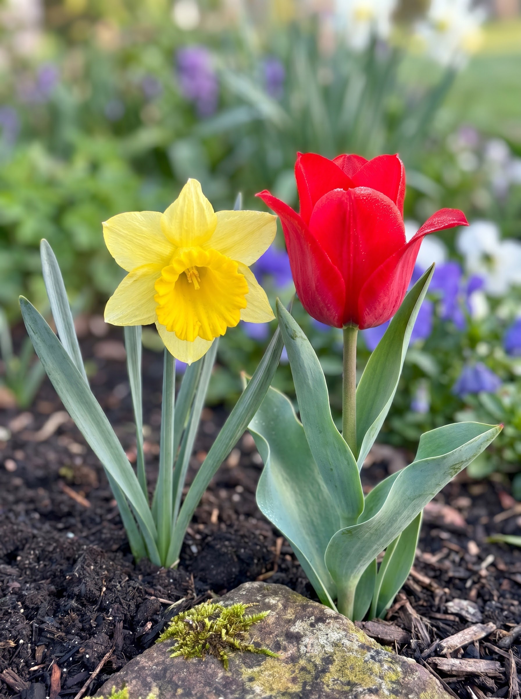 Yellow daffodil trumpet bloom beside a glossy red tulip flower with dew in a spring garden bed
