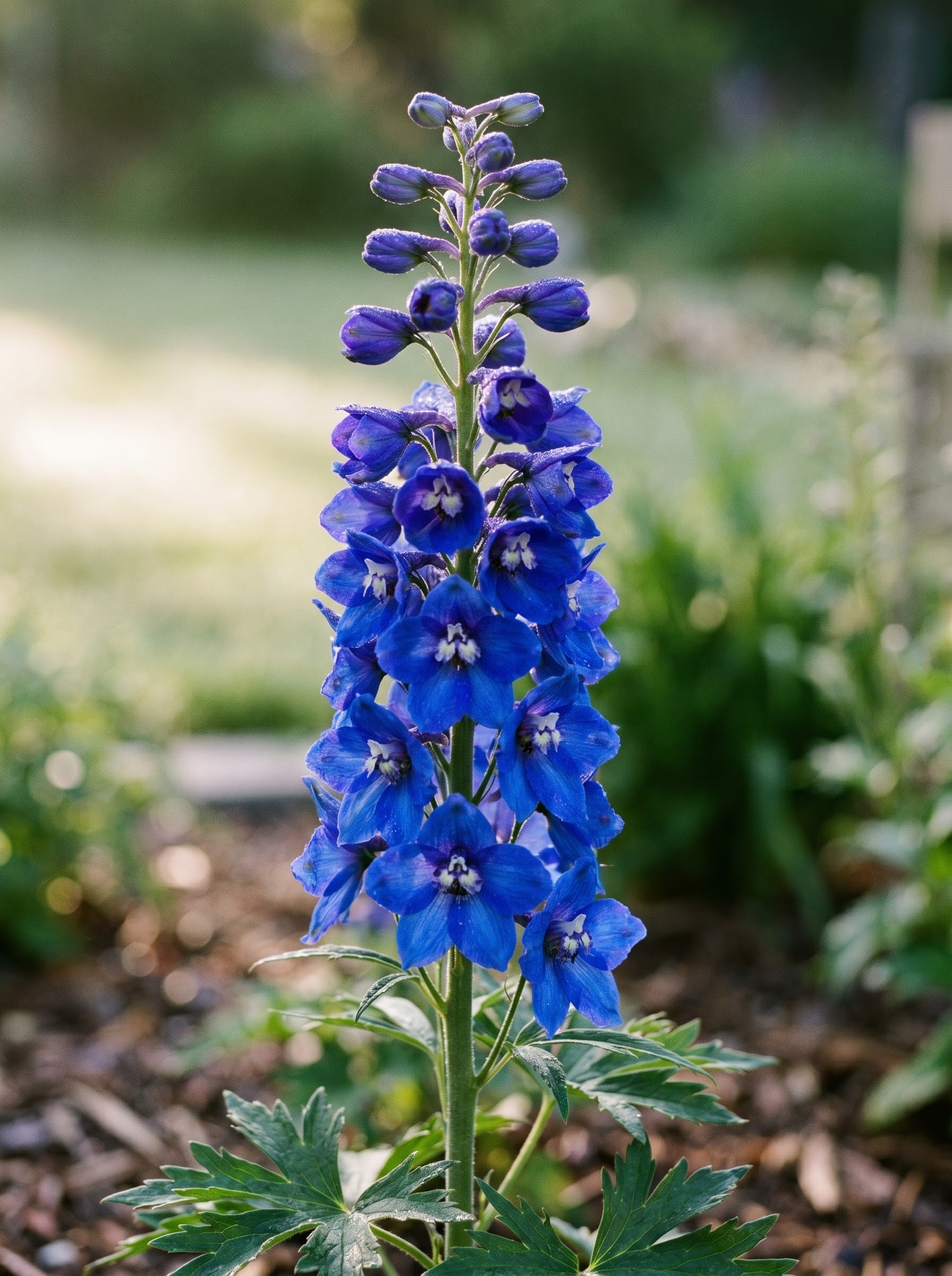 Tall cobalt-blue delphinium spire with layered florets and a contrasting white center.