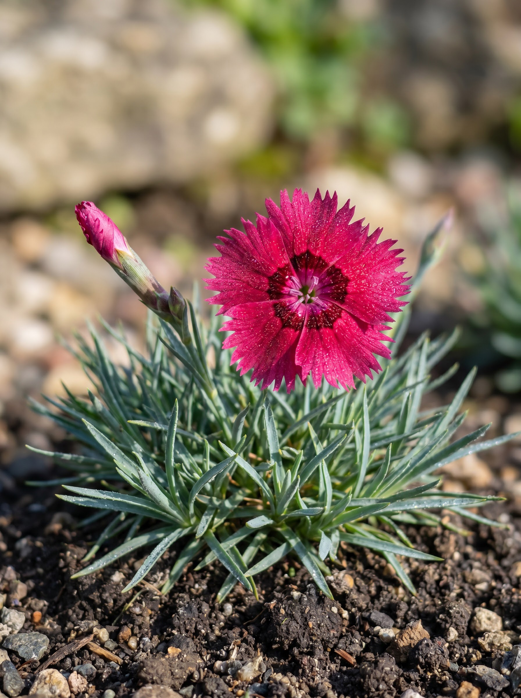 Raspberry-pink fringed dianthus flower with a dark eye over blue-grey grassy foliage.