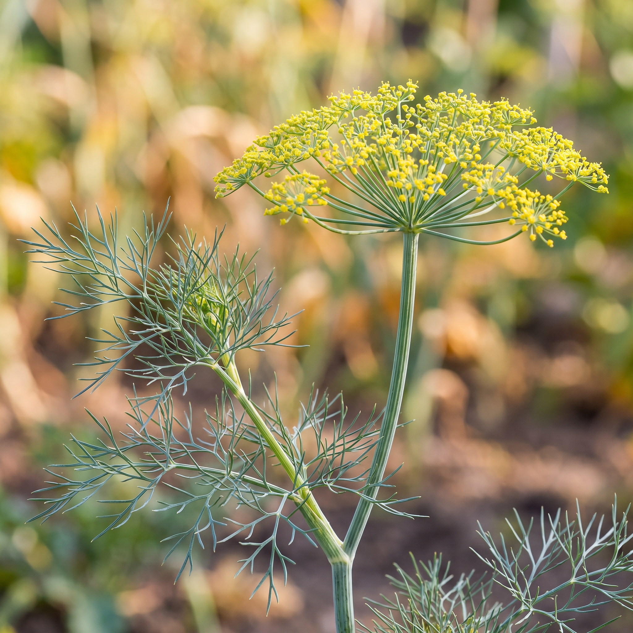 Dill plant with feathery foliage and a yellow flower umbel