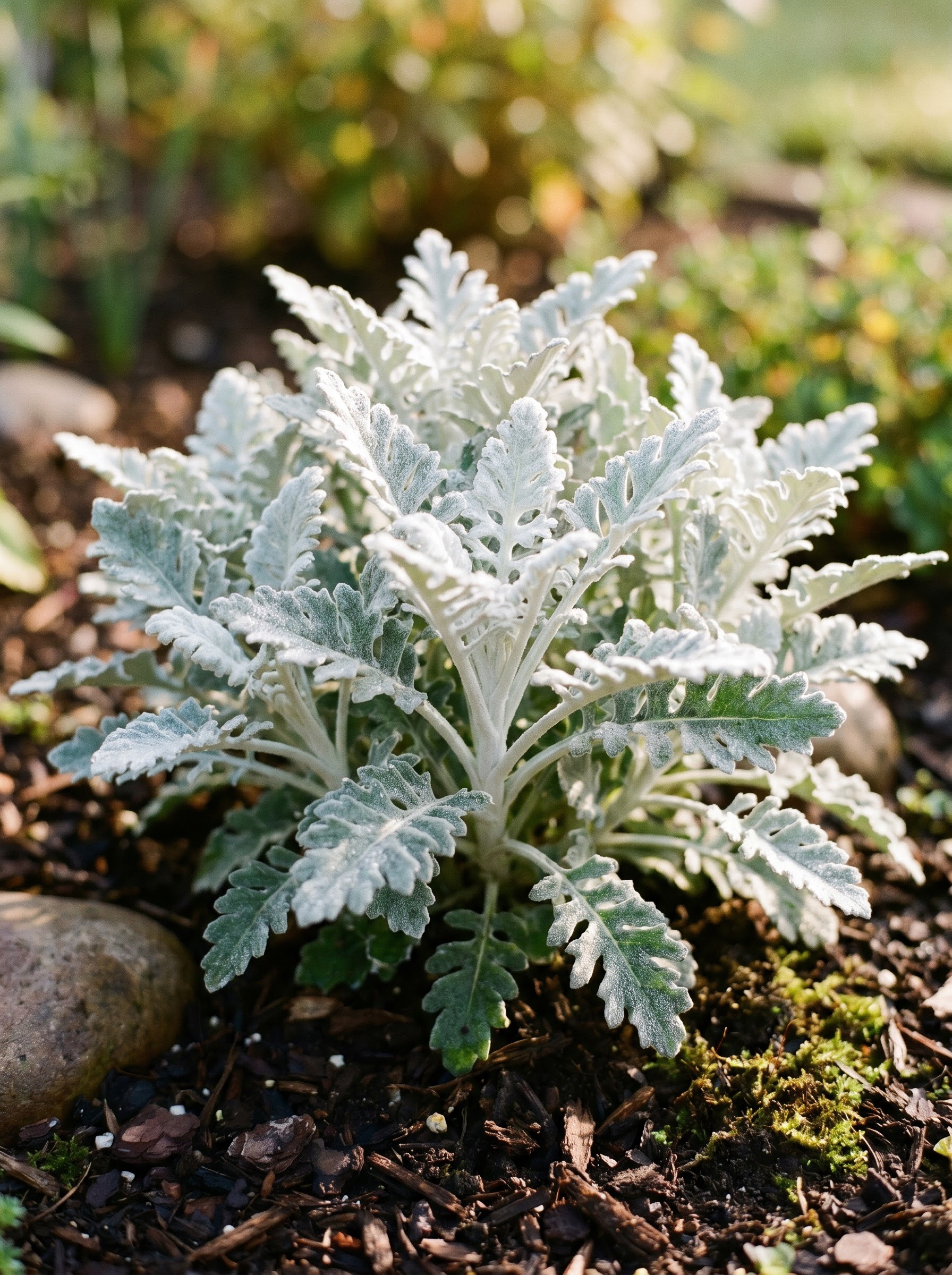 Silvery felted dusty miller foliage with deeply lobed leaves and dew droplets in a sunny garden