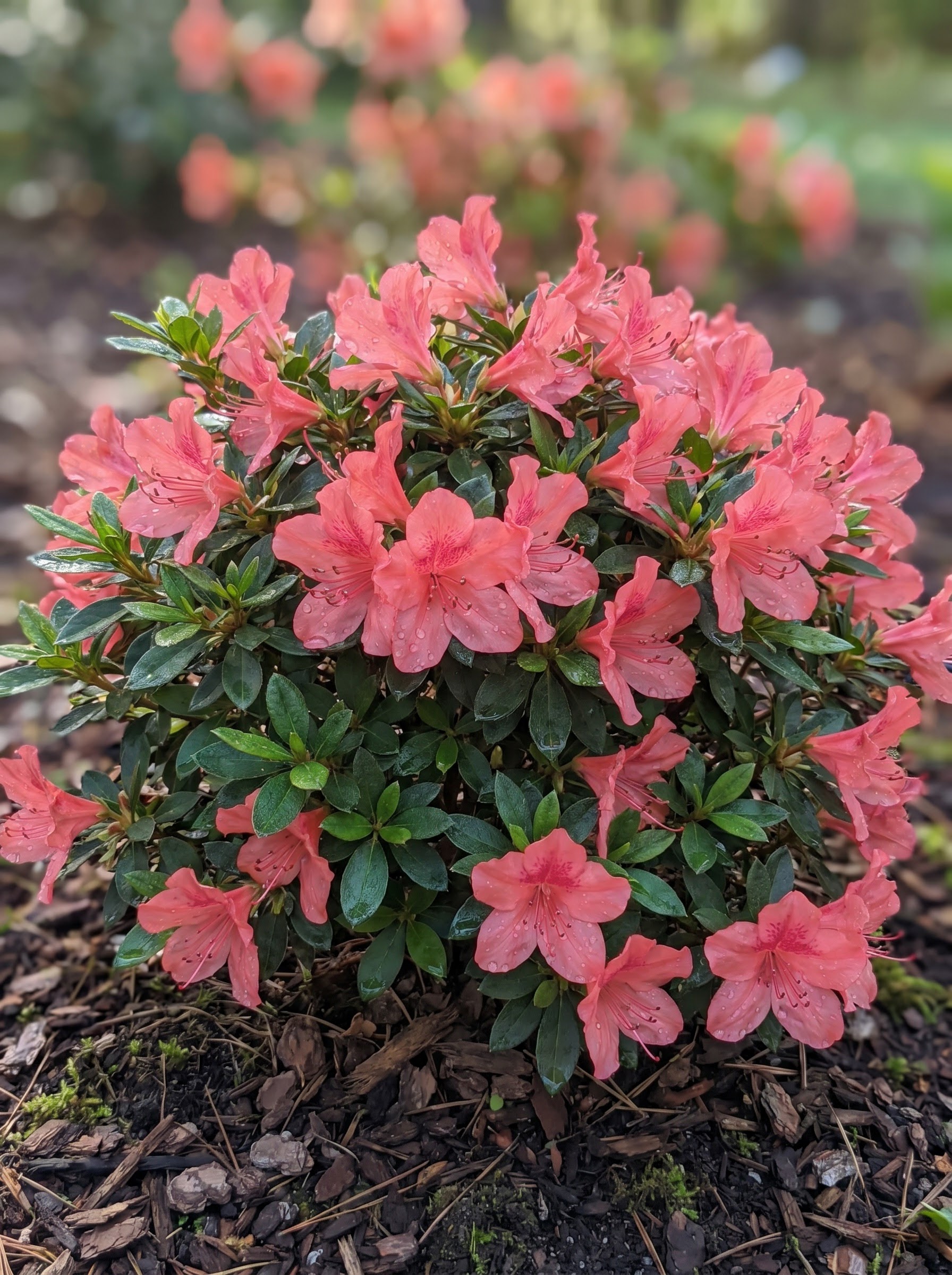 Coral pink dwarf azalea flowers blooming on a compact evergreen spring shrub