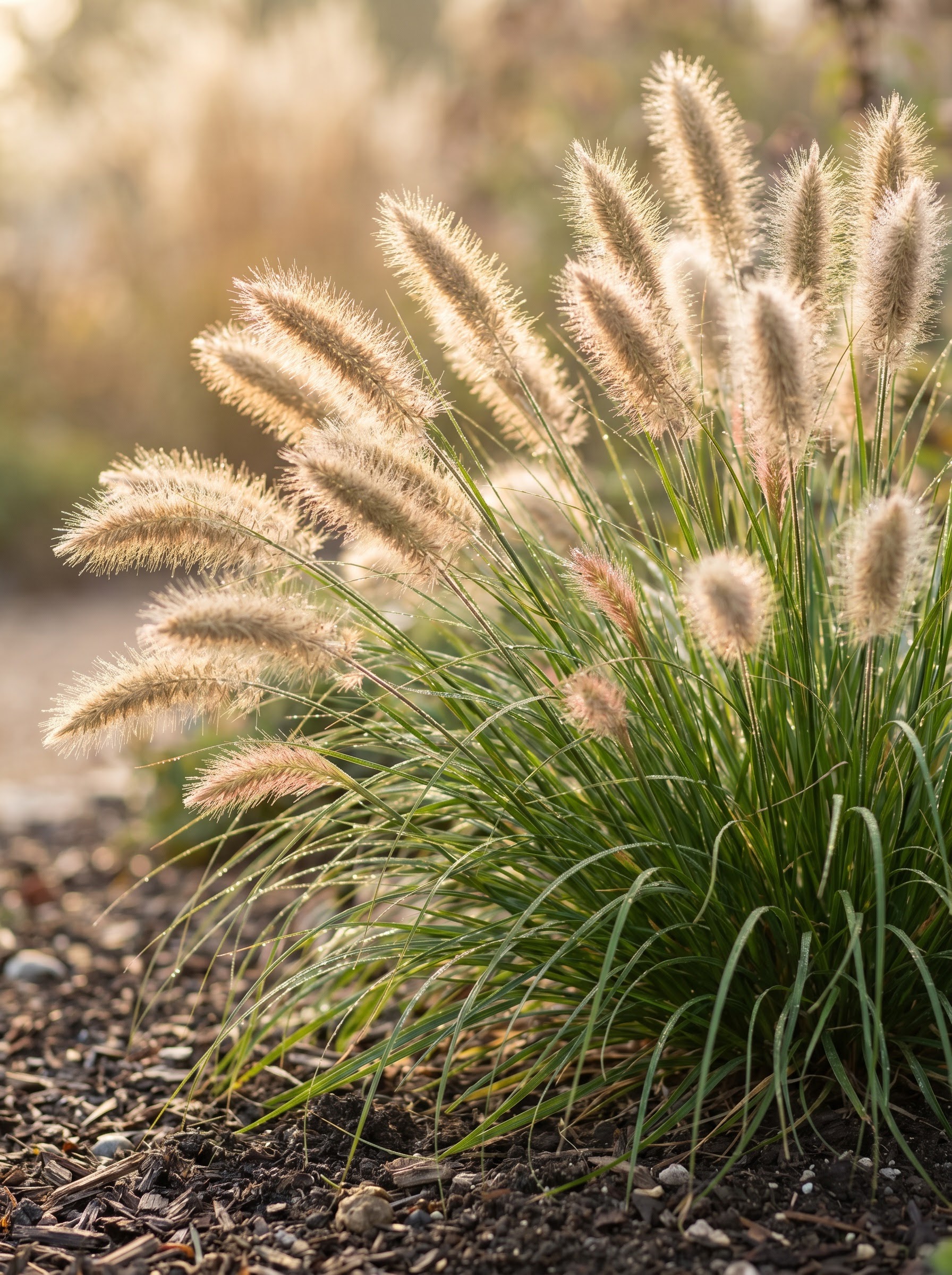 Dwarf fountain grass with fuzzy tan bottlebrush plumes arching over fine green foliage.