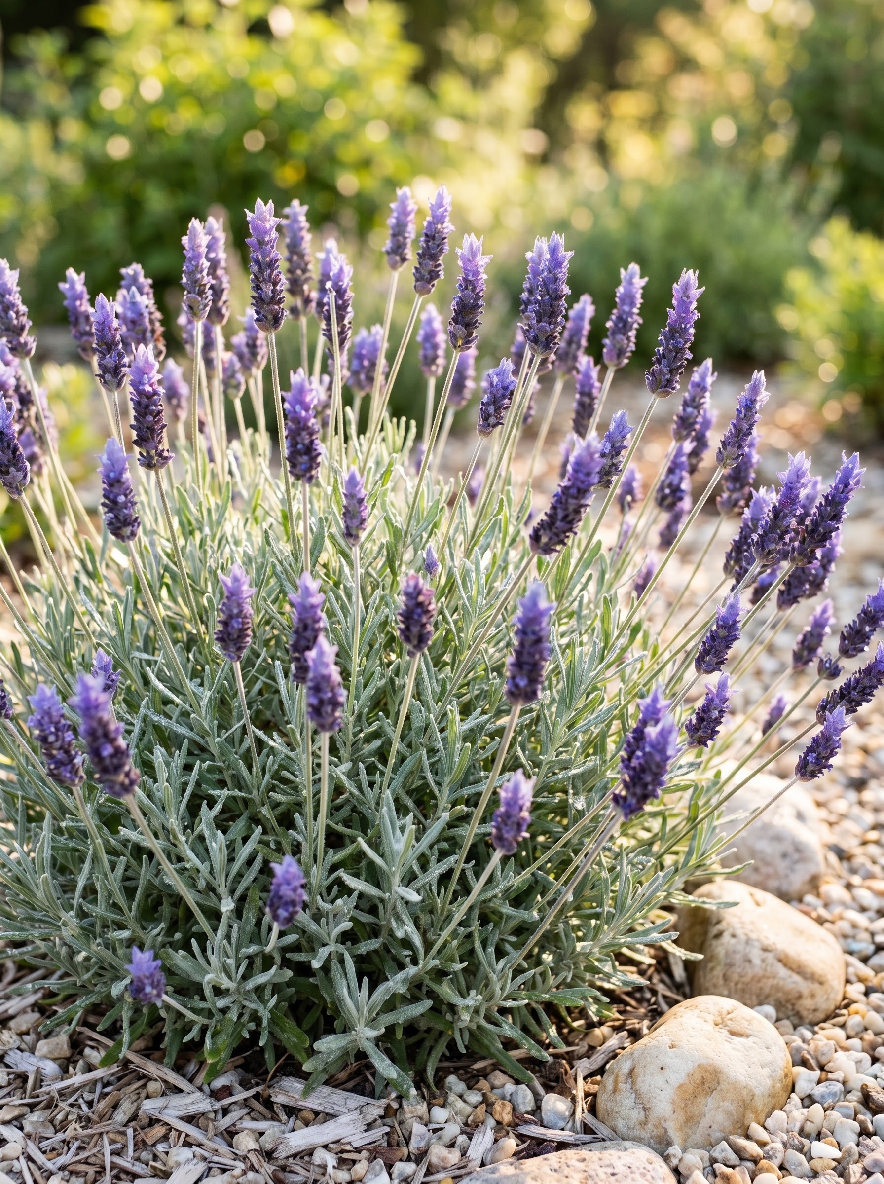 English lavender with silver-grey foliage and blue-purple flower spikes, dew on leaves and blooms.