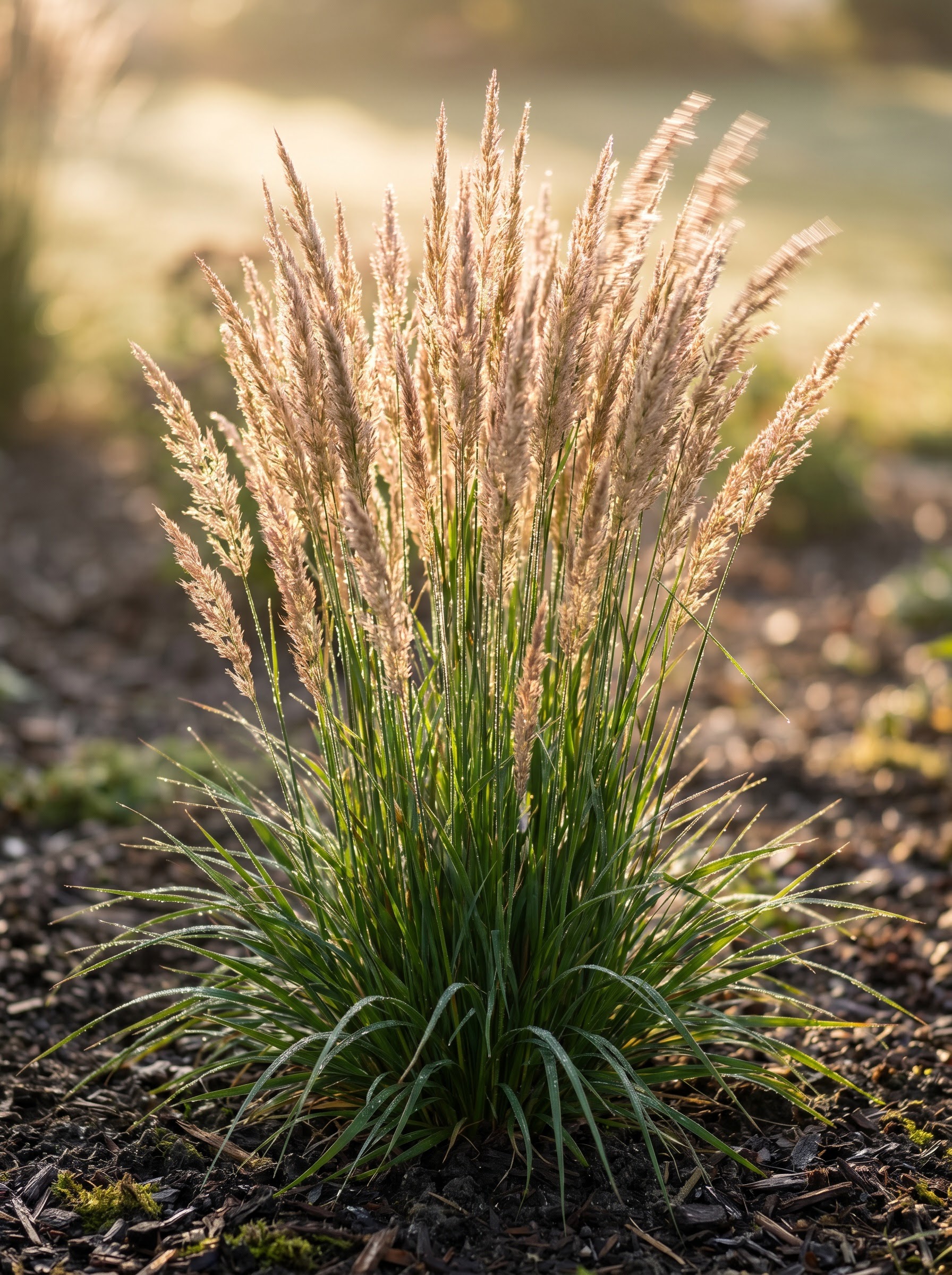 Upright feather reed grass with golden feathery plumes glowing in backlit sunshine.