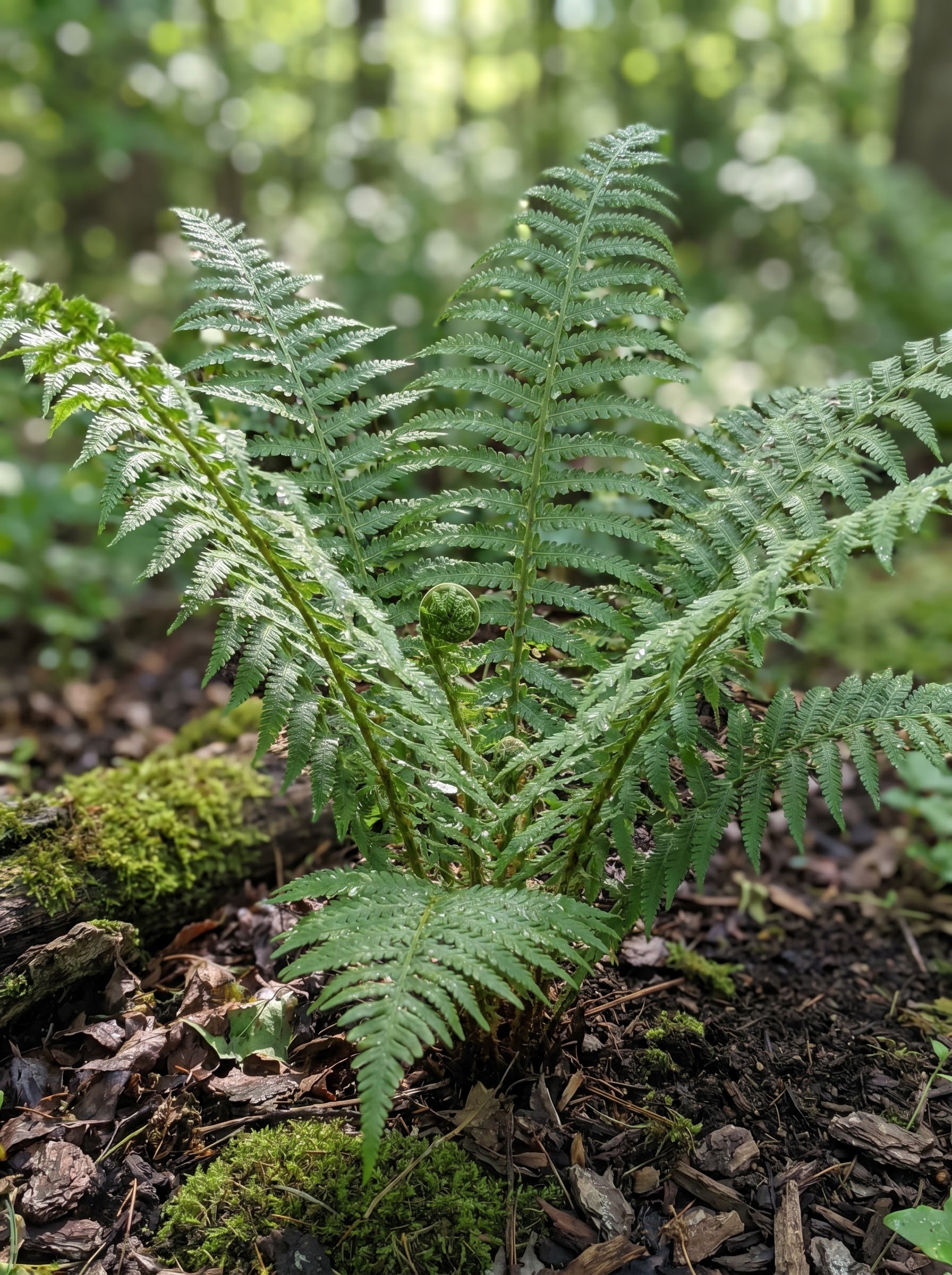 Lush green fern fronds with a coiled fiddlehead and dew in a shaded woodland garden setting