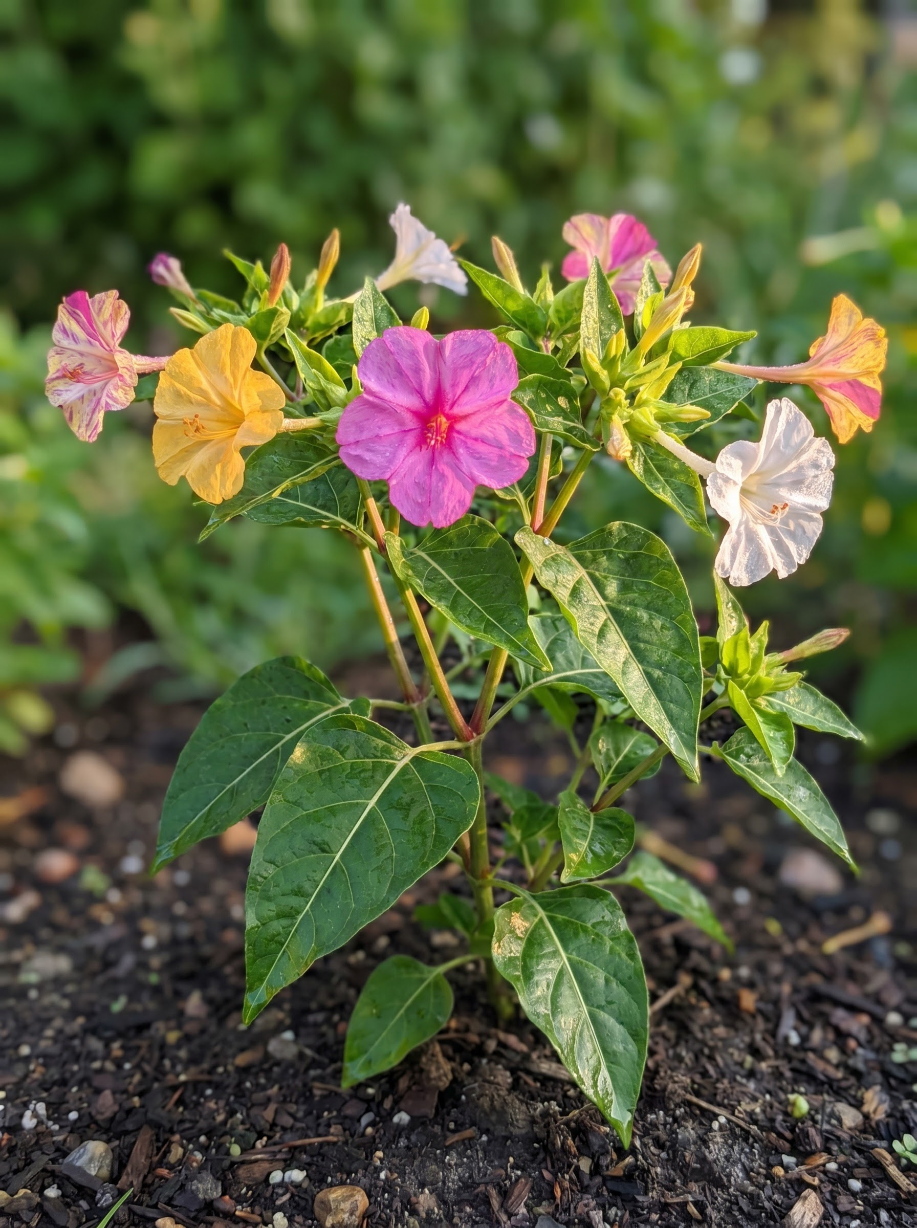 Four o'clocks plant with magenta, gold, and white trumpet flowers and glossy green ovate leaves