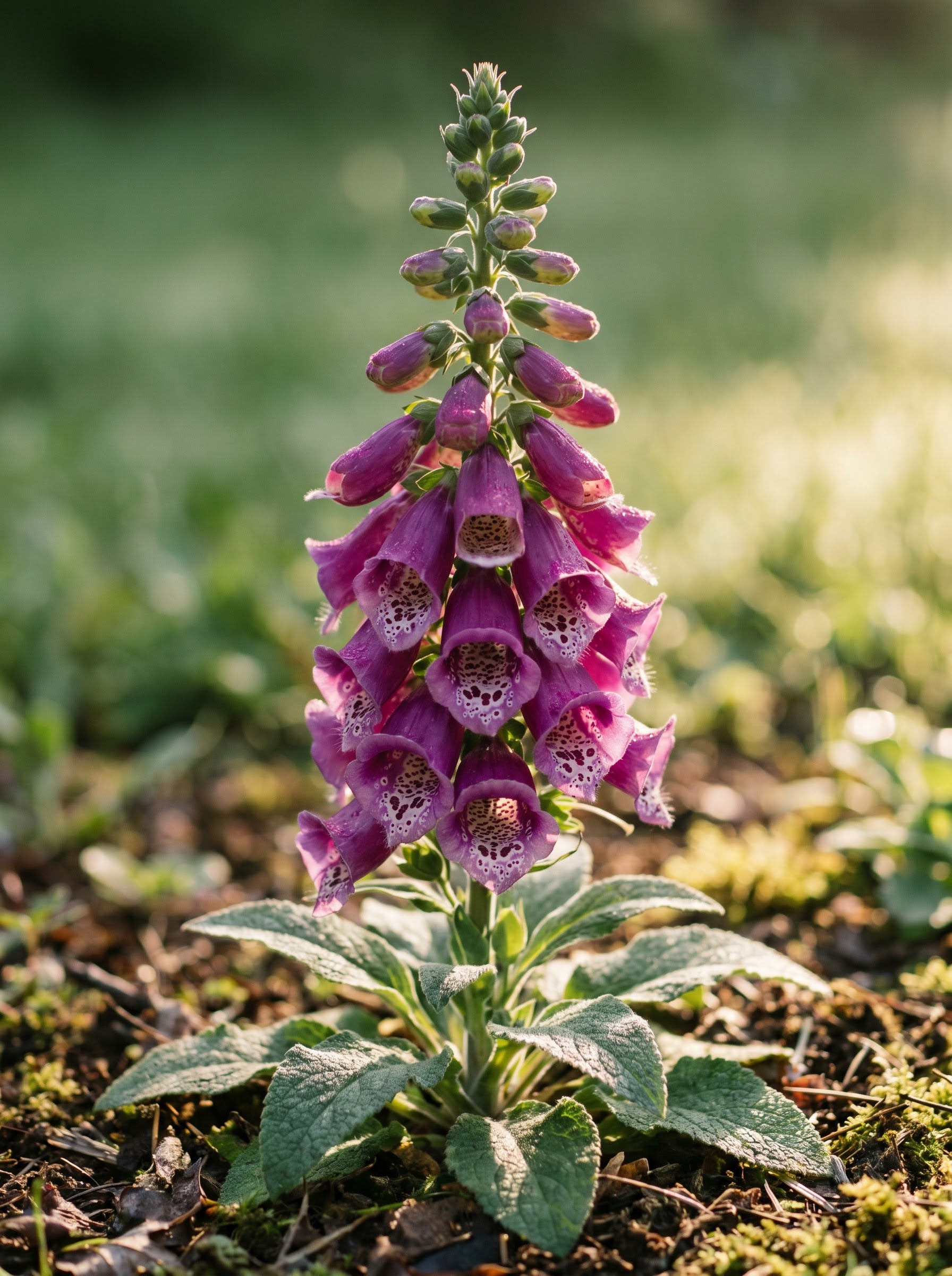 Foxglove spike with pendulous pink bell-shaped flowers speckled with dark maroon spots.