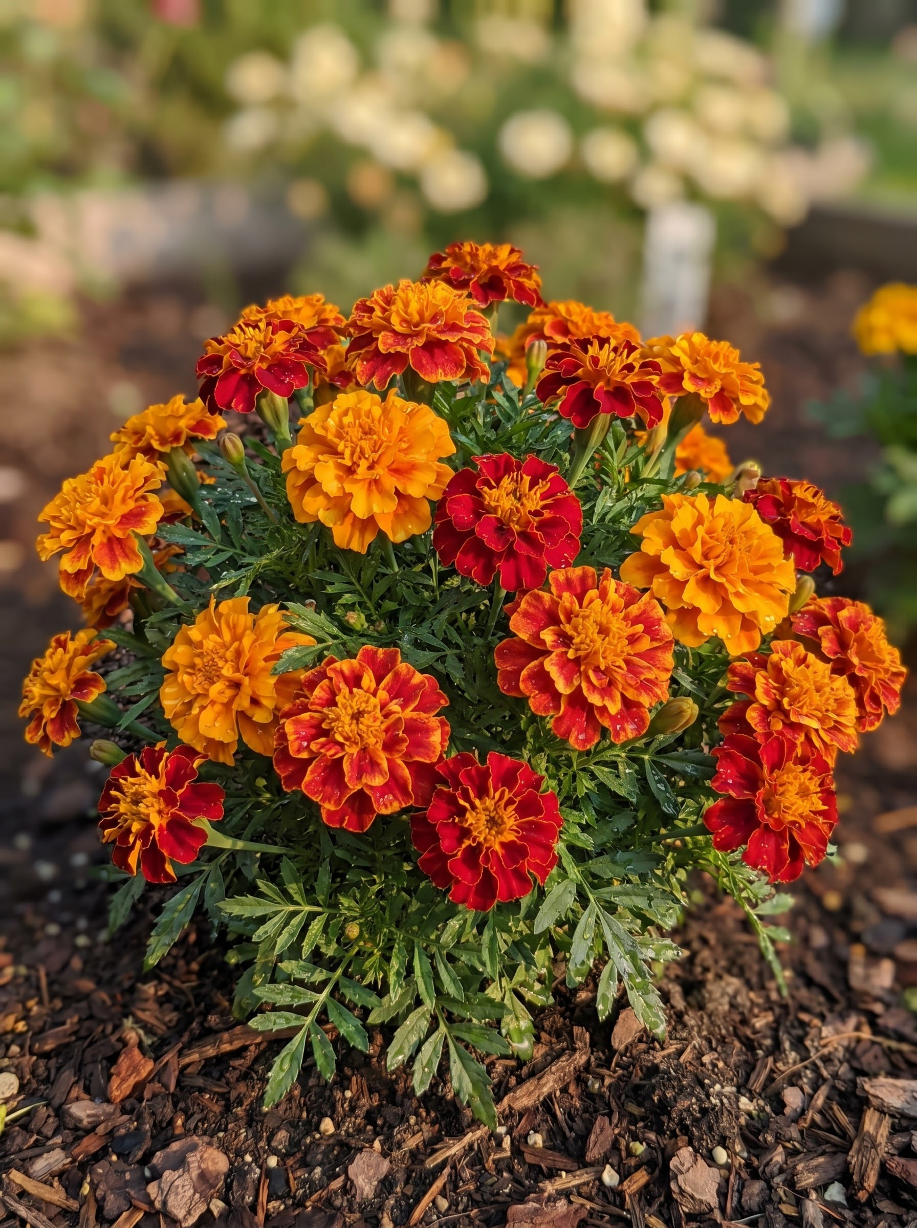 Compact French marigold mound with ruffled orange, red, and bicolor double blooms