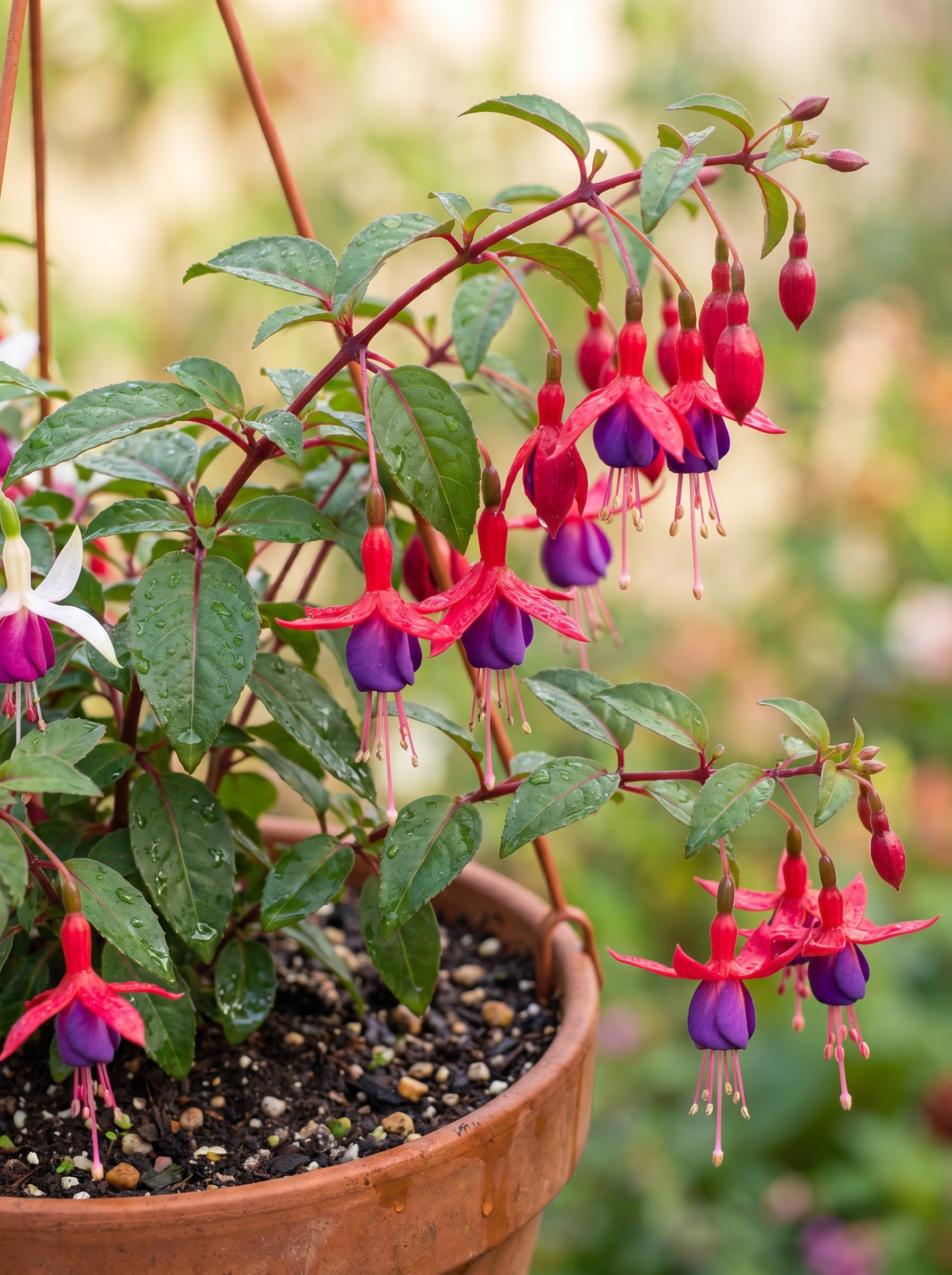 Fuchsia plant with pendant red and purple two-toned flowers on arching stems.