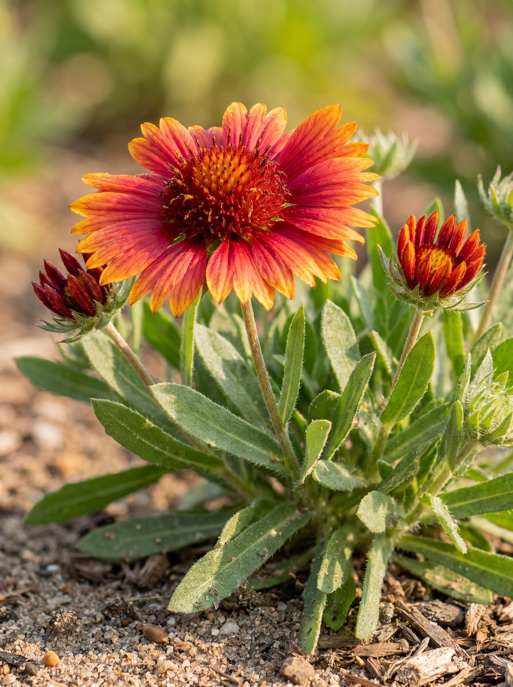 Red and orange banded gaillardia blanket flower blooming in a sunny summer garden
